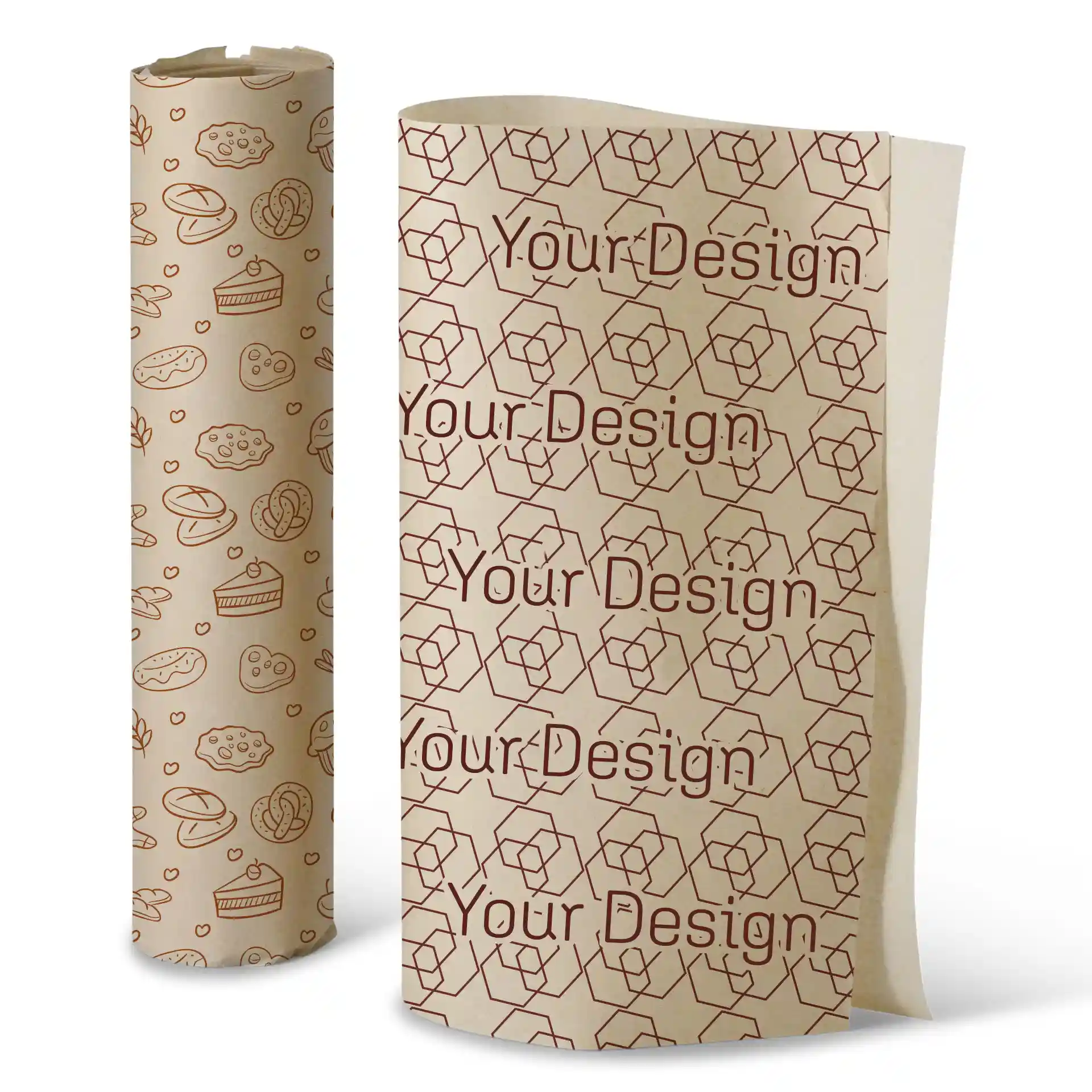 Bedrucktes Geschenkpapier mit braunem Hintergrund, verschiedenen Dessertillustrationen und einem sich wiederholenden Design.