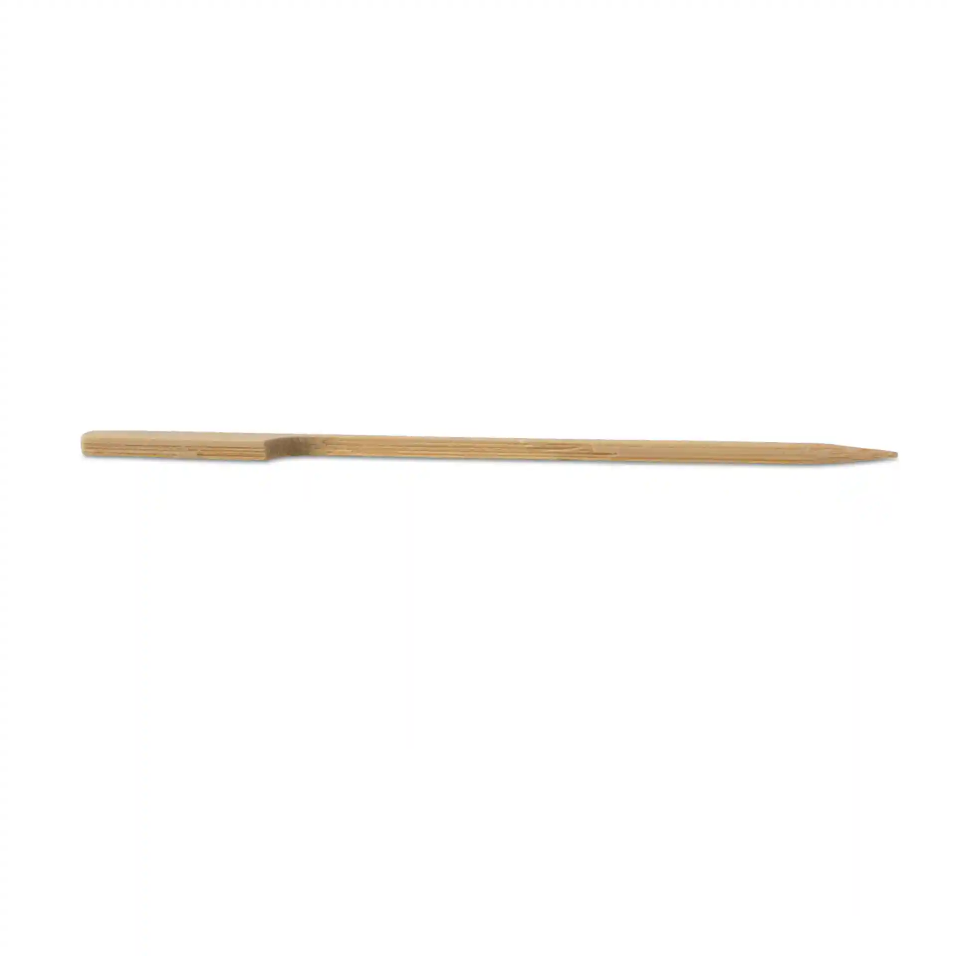Bamboo paddle skewer, 12 cm long, untreated, with a pointed end and flat handle, on a white background.