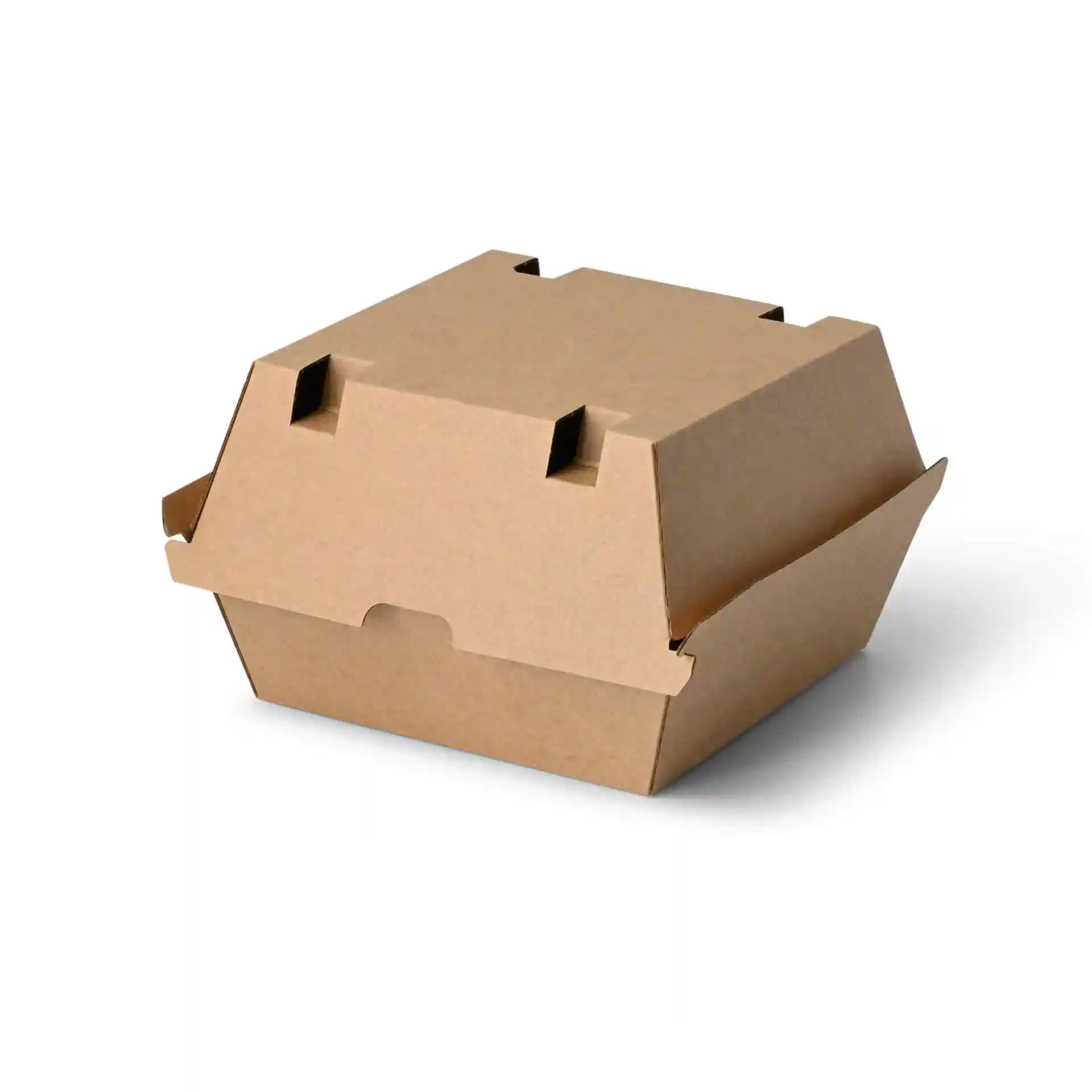 Brown rectangular burger box made of cardboard, measuring 16.8 x 15.8 x 9.8 cm, with a lid and no viewing window.