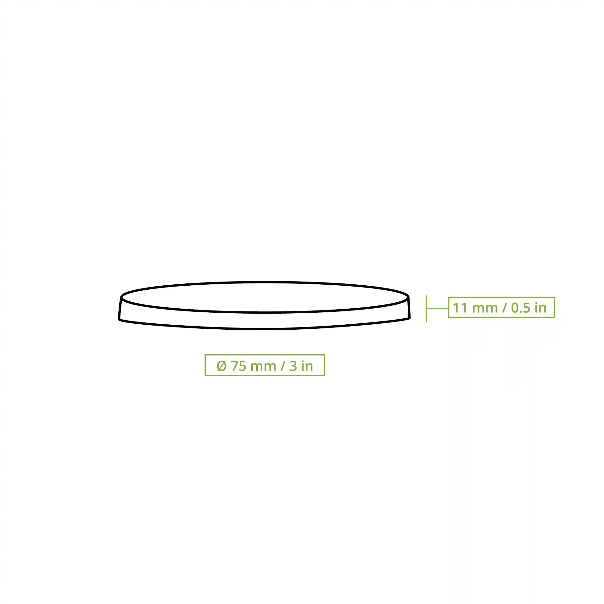 Schematic drawing of a round transparent lid with dimensions 75 mm diameter and 11 mm height.