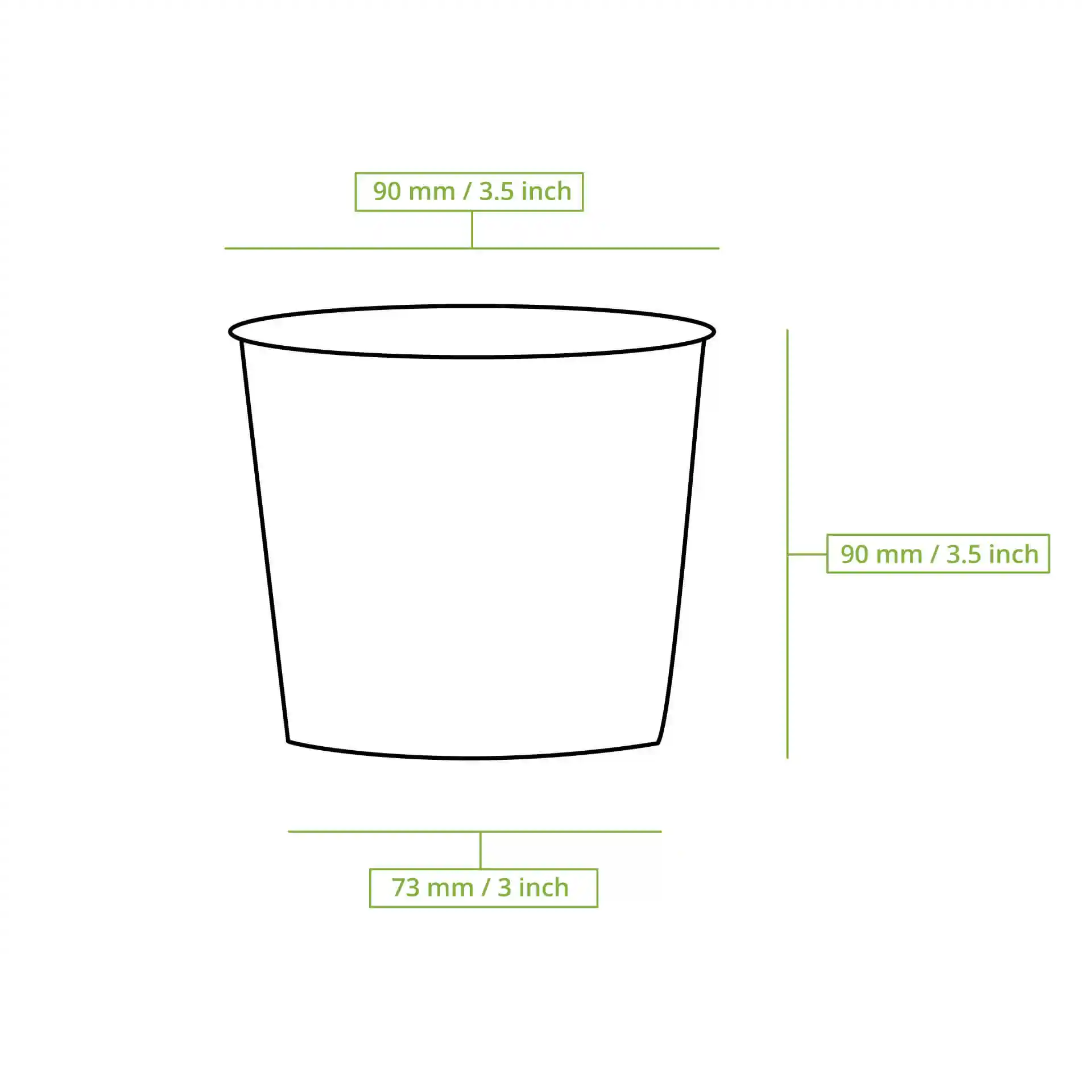 Schematic drawing of a round soup container with dimensions: height 90 mm, top diameter 90 mm, bottom diameter 73 mm.