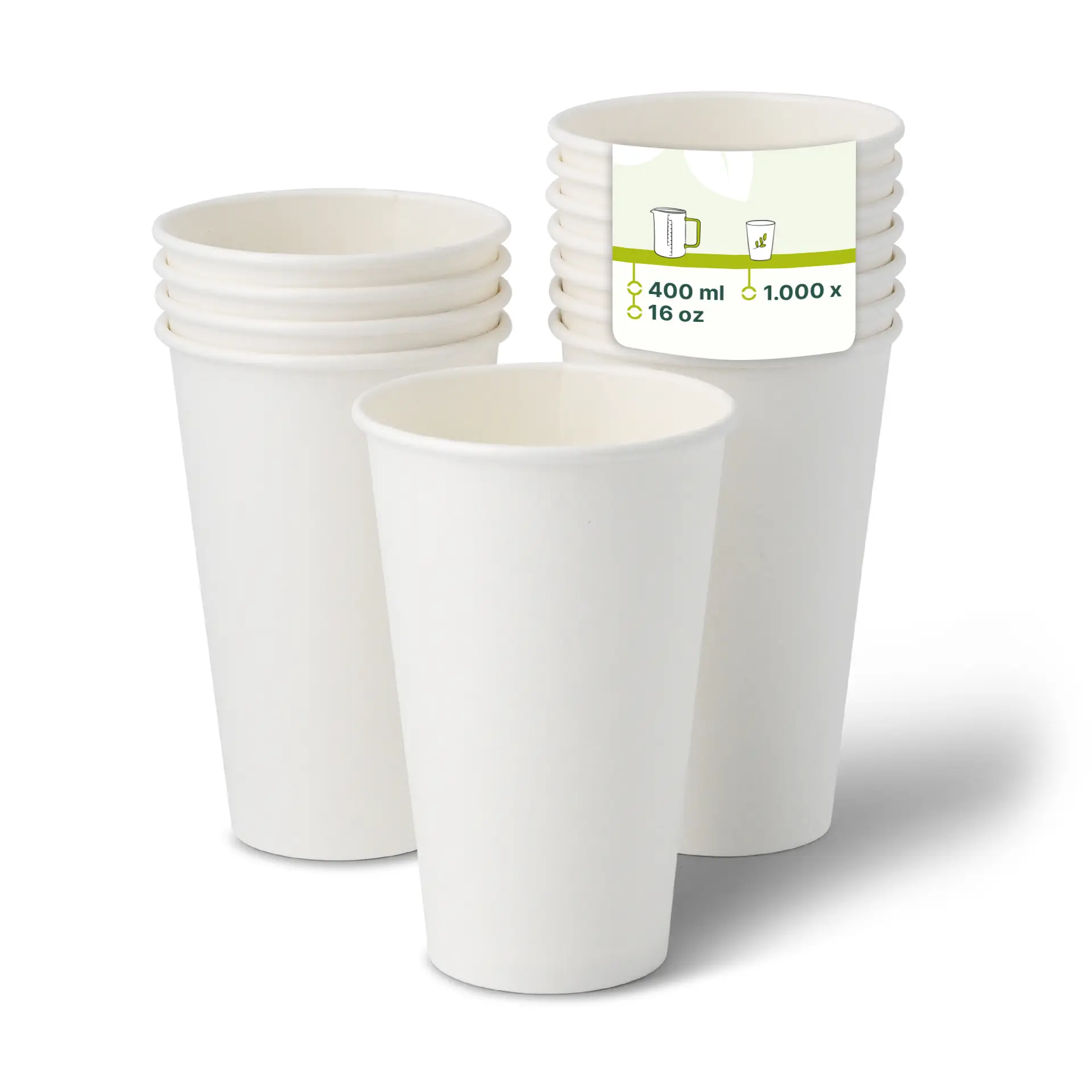 One white paper cup (16 oz) in focus, with stacked cups behind; label displays cup specifications and design details.
