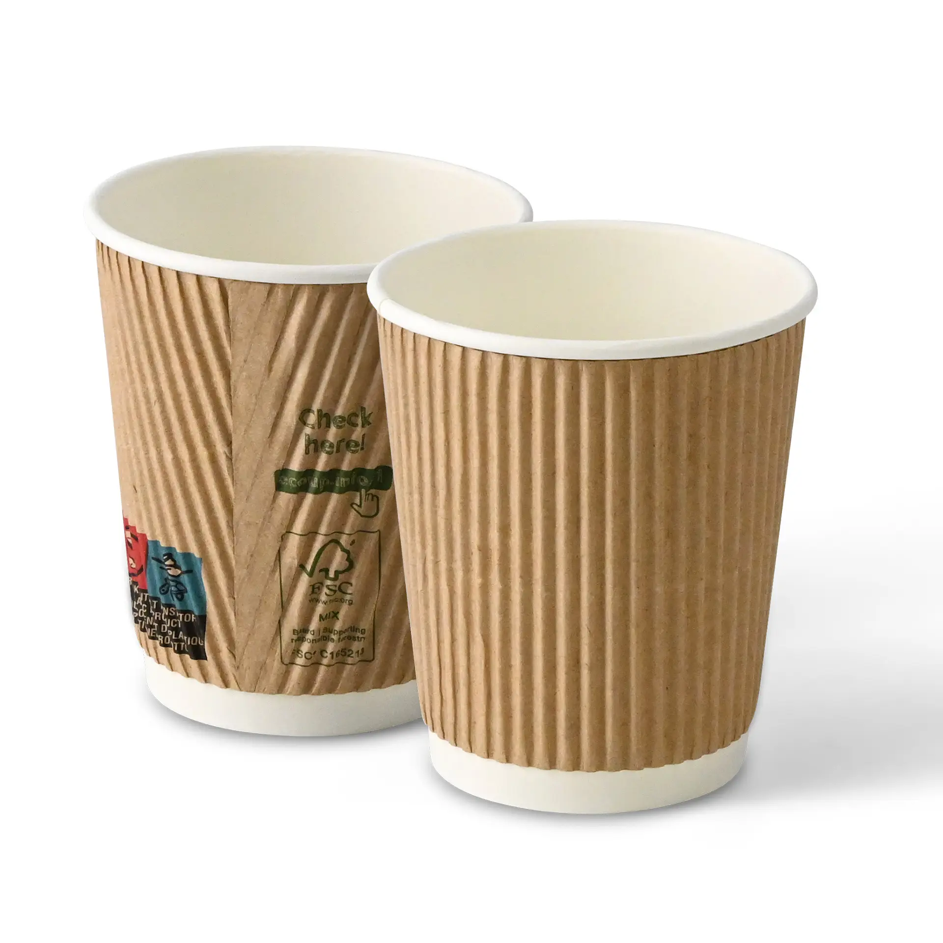 Ein 8 oz brauner gerippter Pappbecher mit PLA-Innenbeschichtung; ein weiterer Becher im Hintergrund mit reduzierter Opazität.