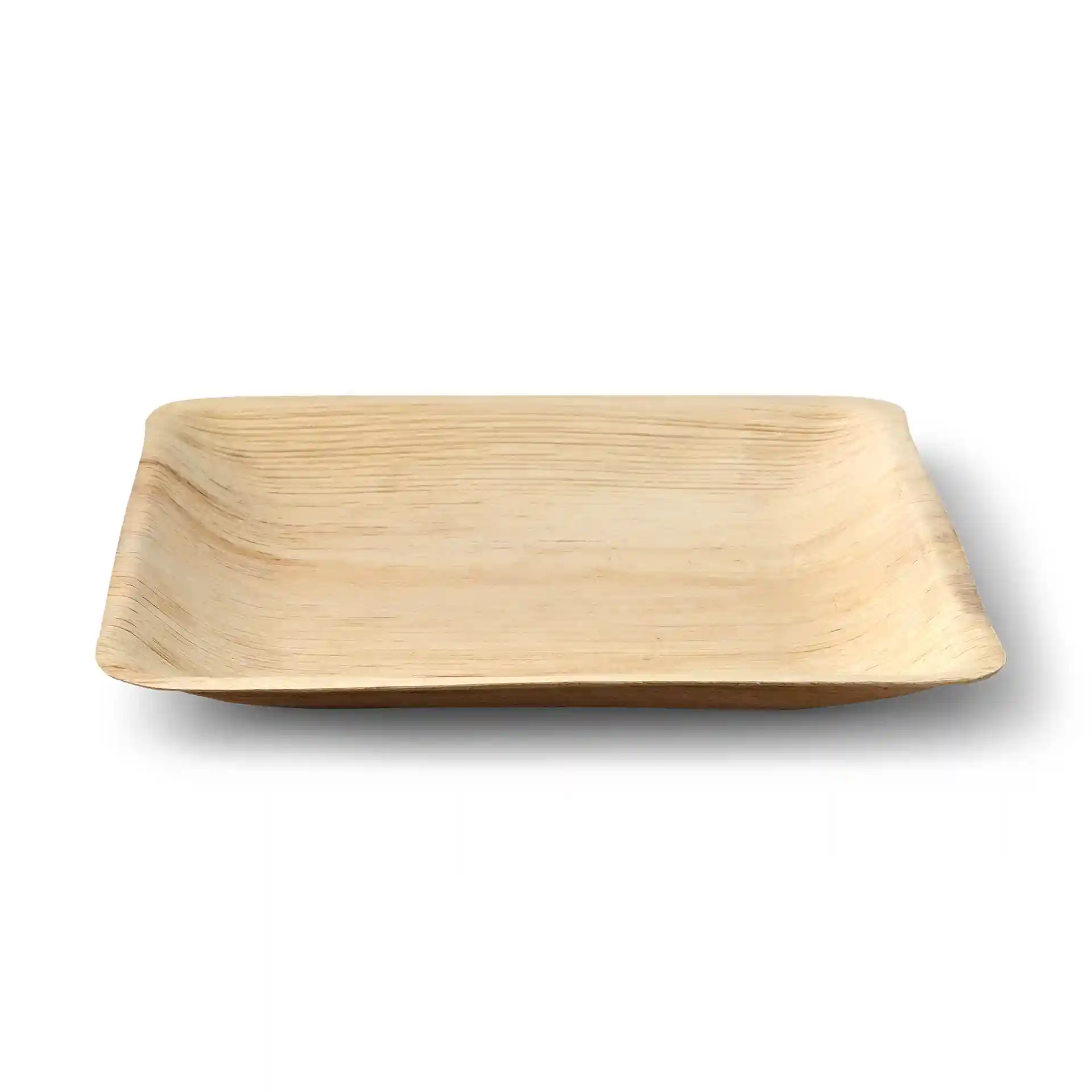 Square palm leaf plate with a grain texture, measuring 20 x 20 cm and 1.8 cm in height.