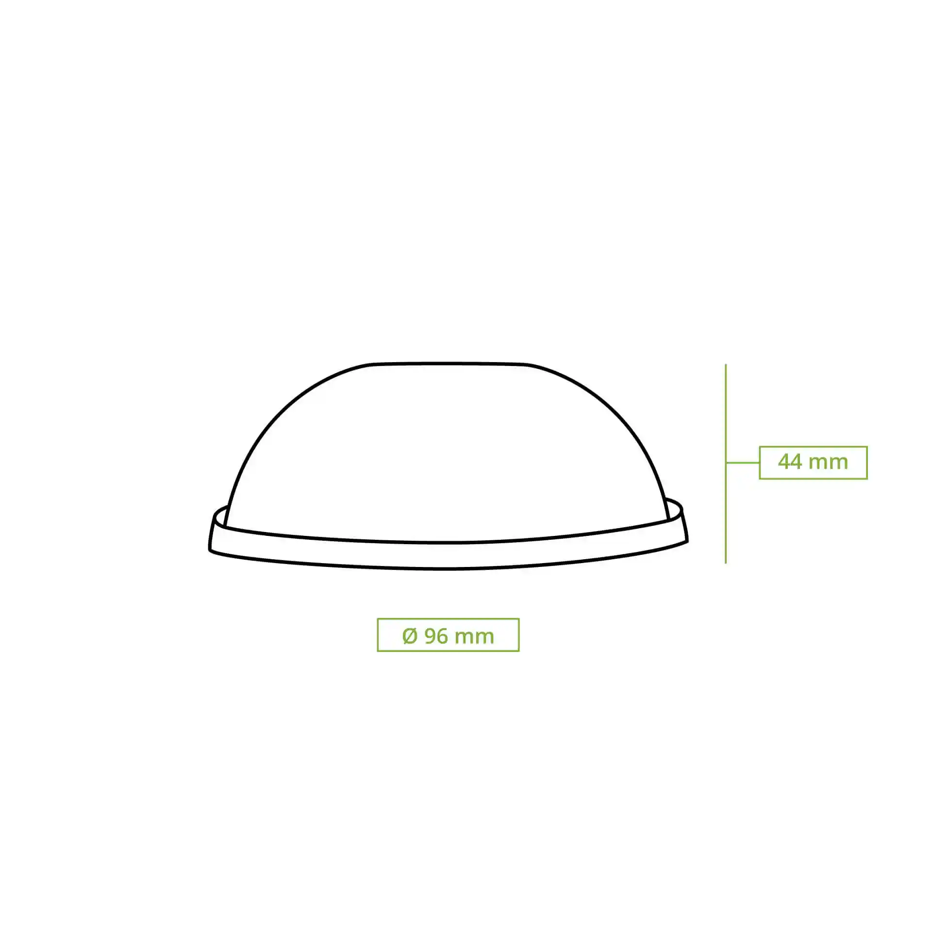 Schematische Zeichnung eines transparenten PLA-Domedeckels mit einem Durchmesser von 96 mm und einer Höhe von 44 mm.