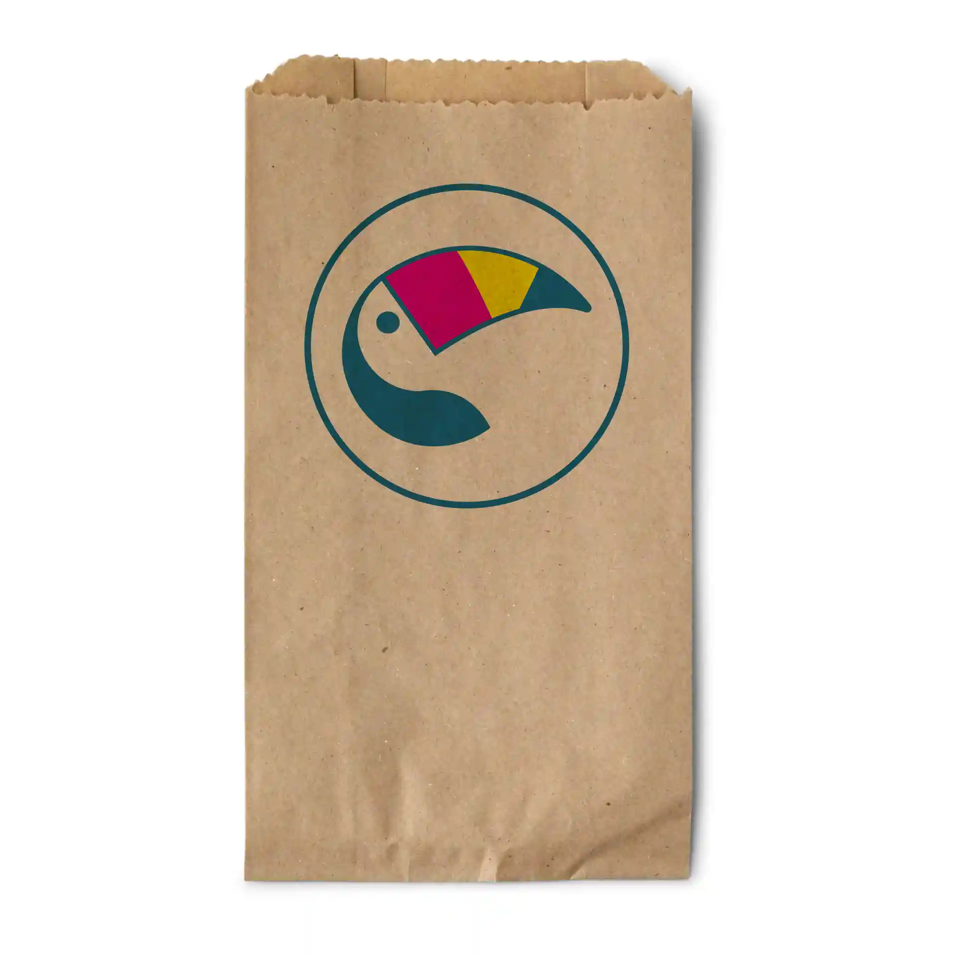 Brown cardboard bag with a circular logo featuring a stylized toucan in blue, pink, and yellow colors.