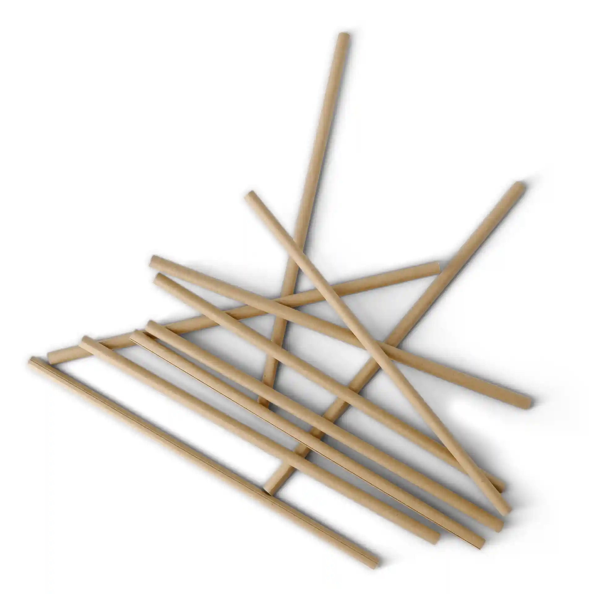 Brown paper drinking straws, 20 cm long and 0.6 cm wide, arranged in a scattered layout on a white background.