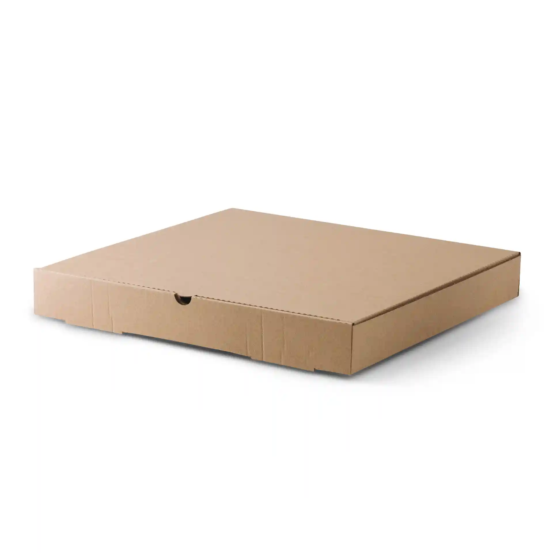 Braune quadratische Pizzaschachtel aus Karton, 37 cm lang und breit, mit einer Höhe von 47 mm.