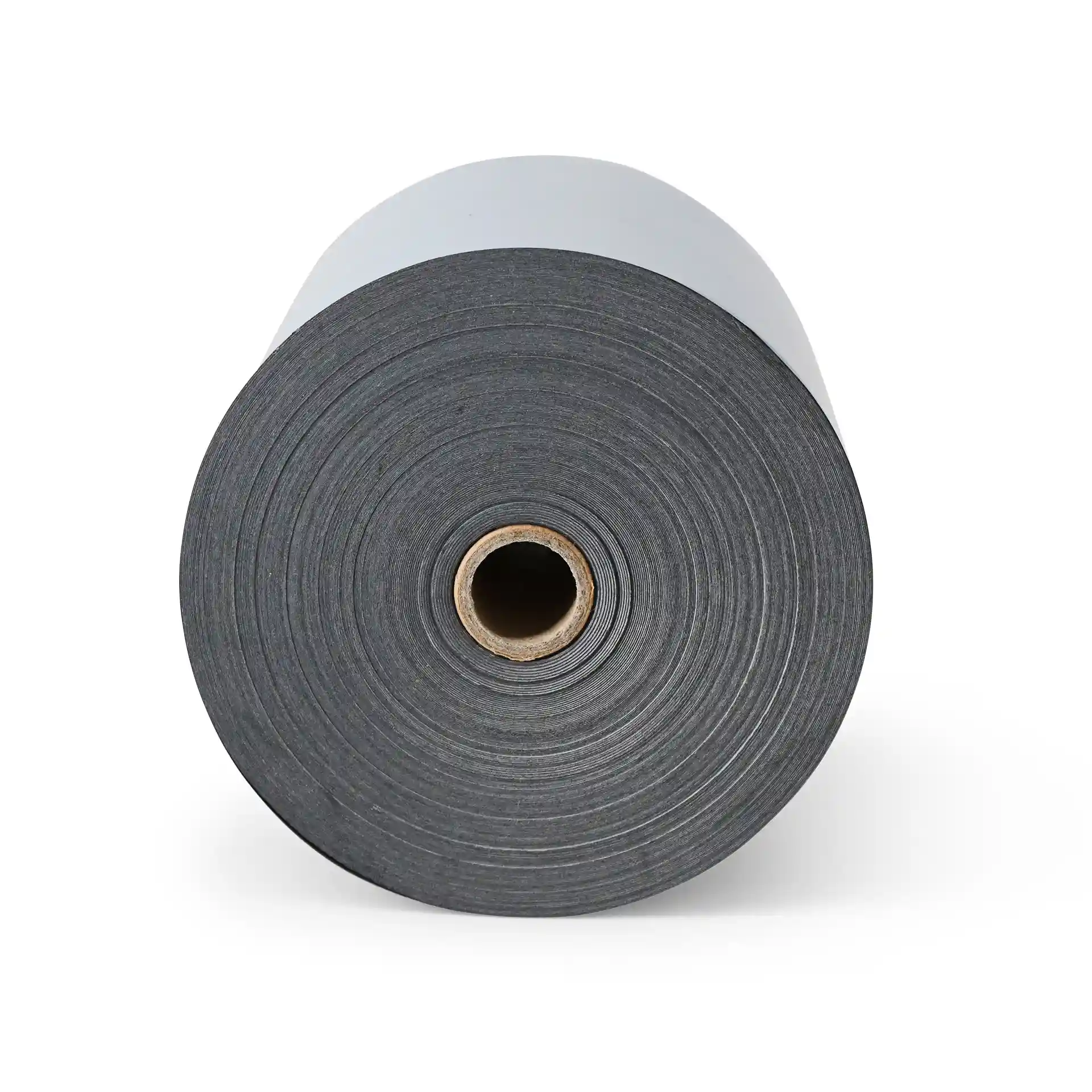 Roll of grey thermal paper for cash registers, 80 mm wide and 80 m long, with a central cardboard core.