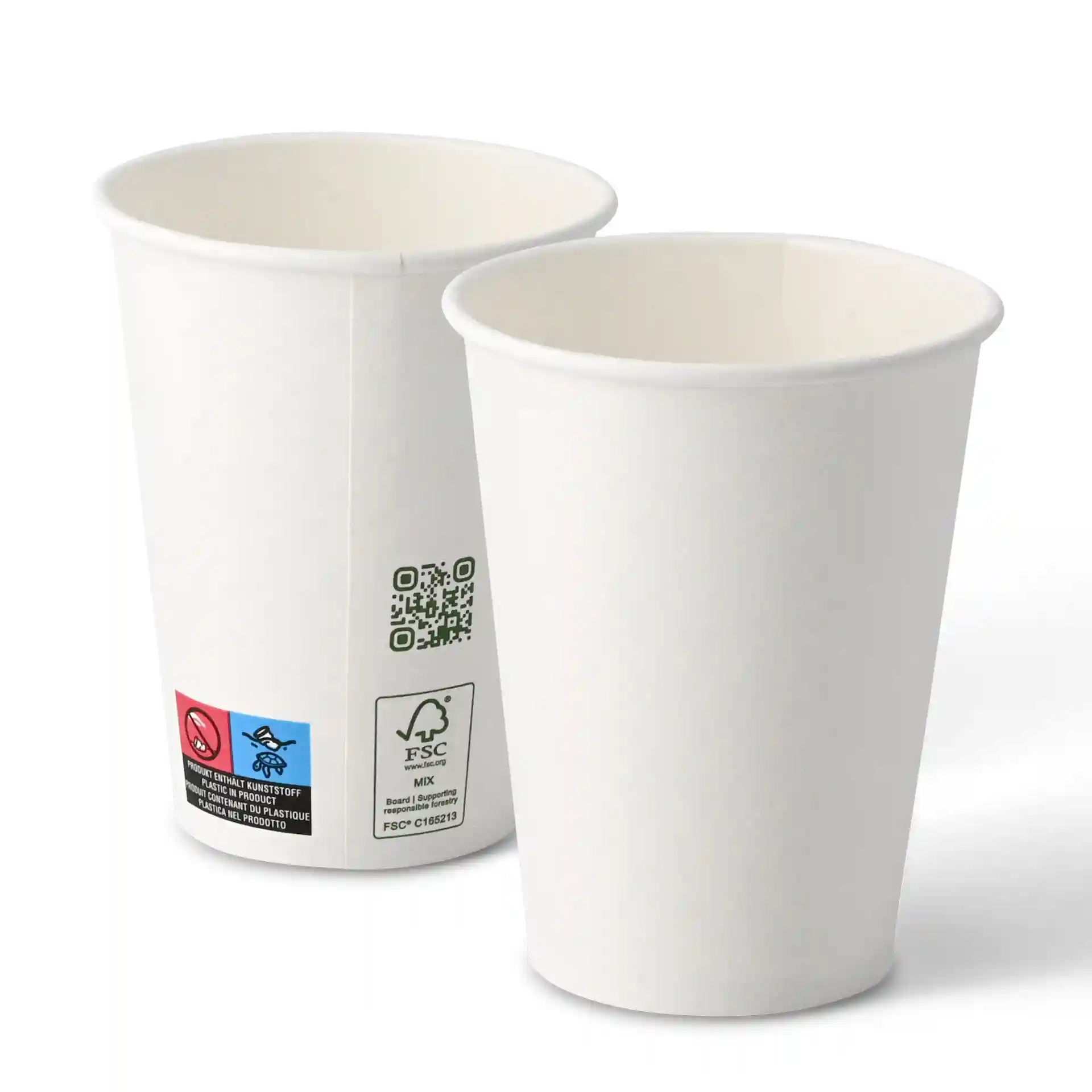 White paper cups, 300 ml capacity, single wall, with a diameter of 90 mm, shown from different angles.
