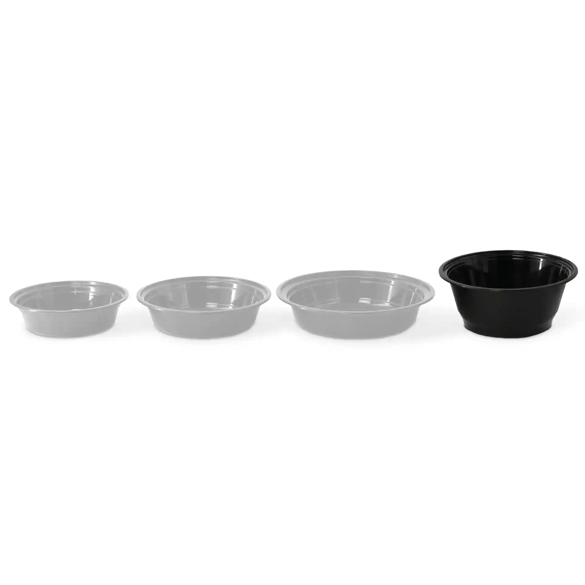 Four round plastic containers in varying sizes, with three clear and one black, arranged from smallest to largest.