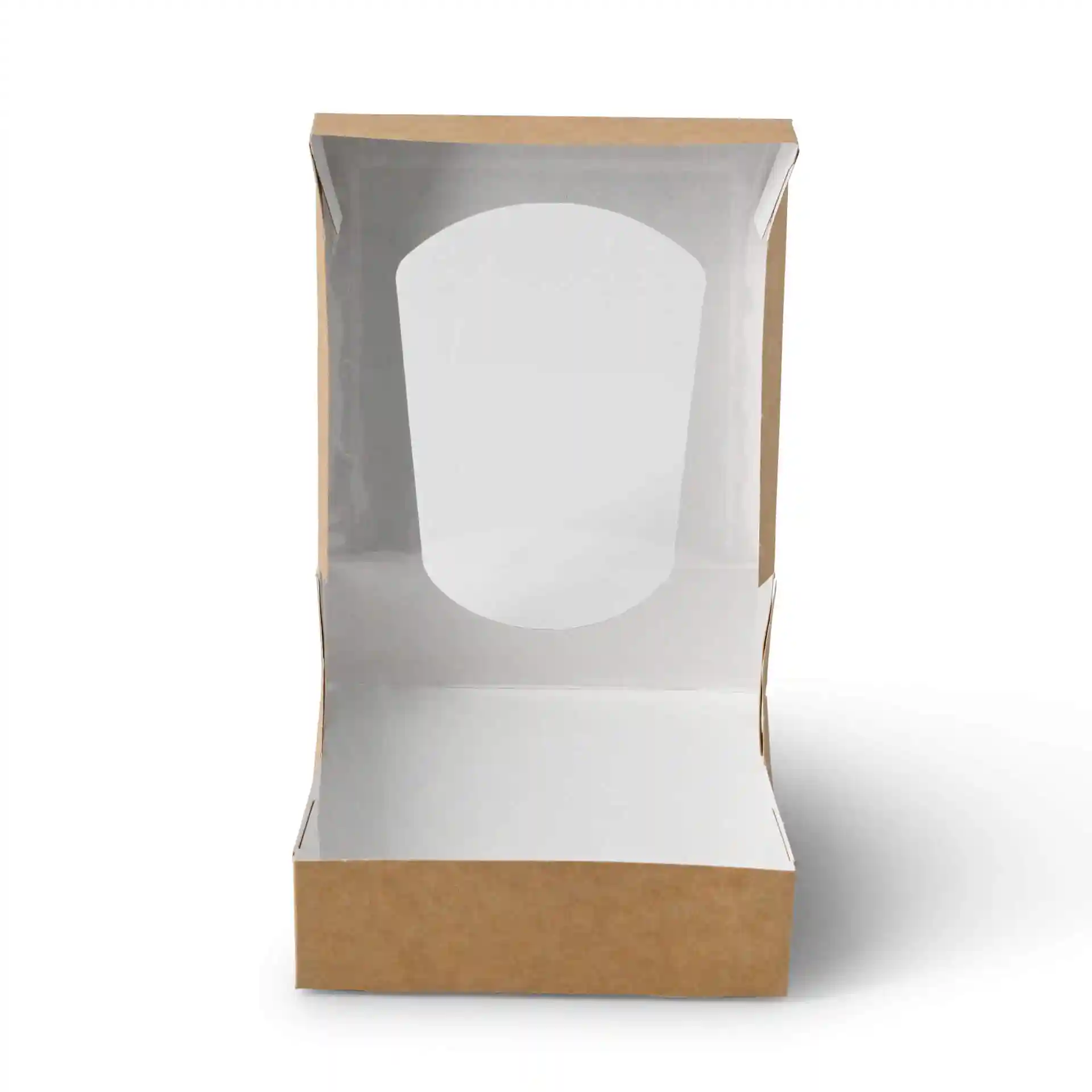 Brown cardboard window box with a white interior, rectangular shape, and a viewing window on the front.