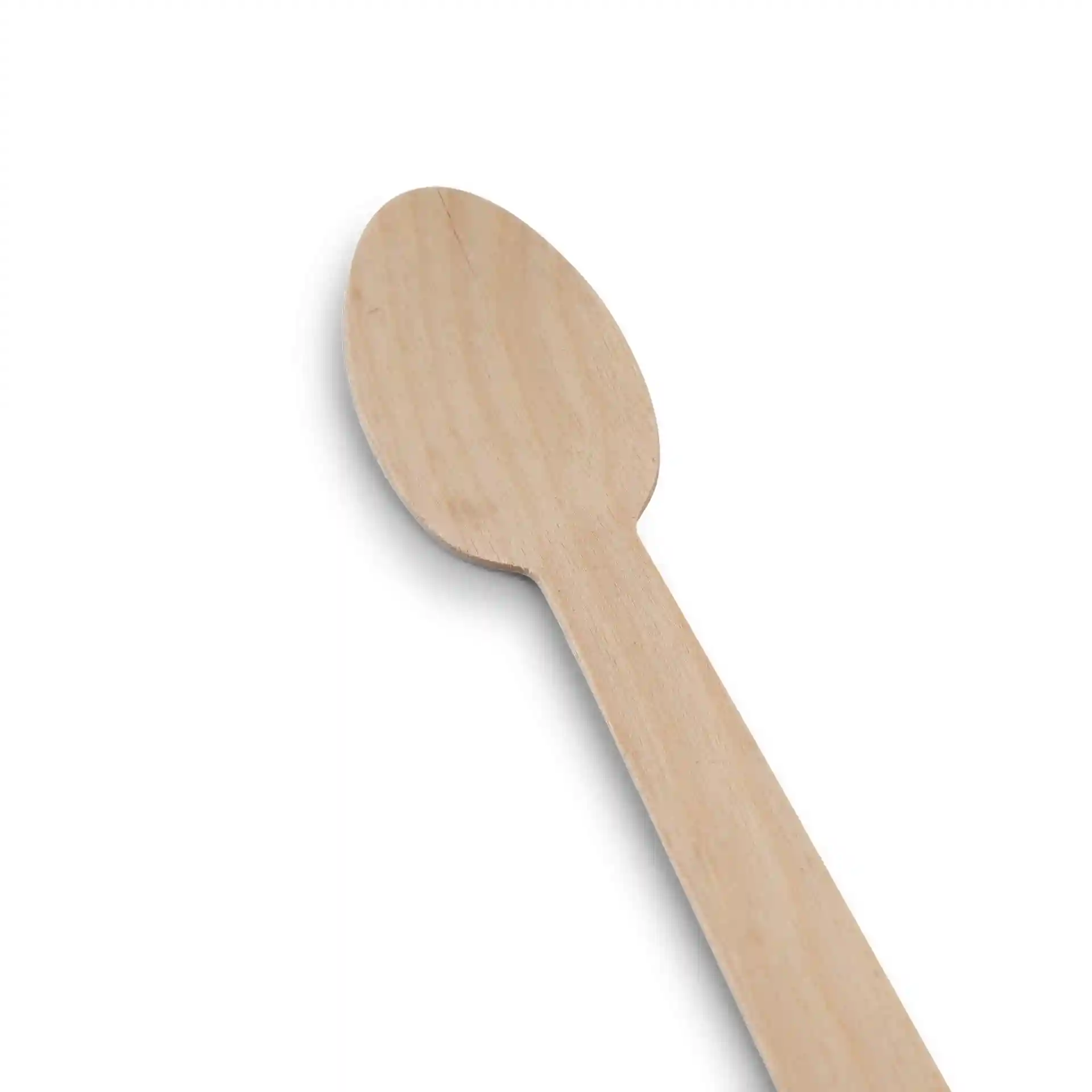 Wooden spoon with an oval head and long handle, measuring 14 cm in length, on a white background.