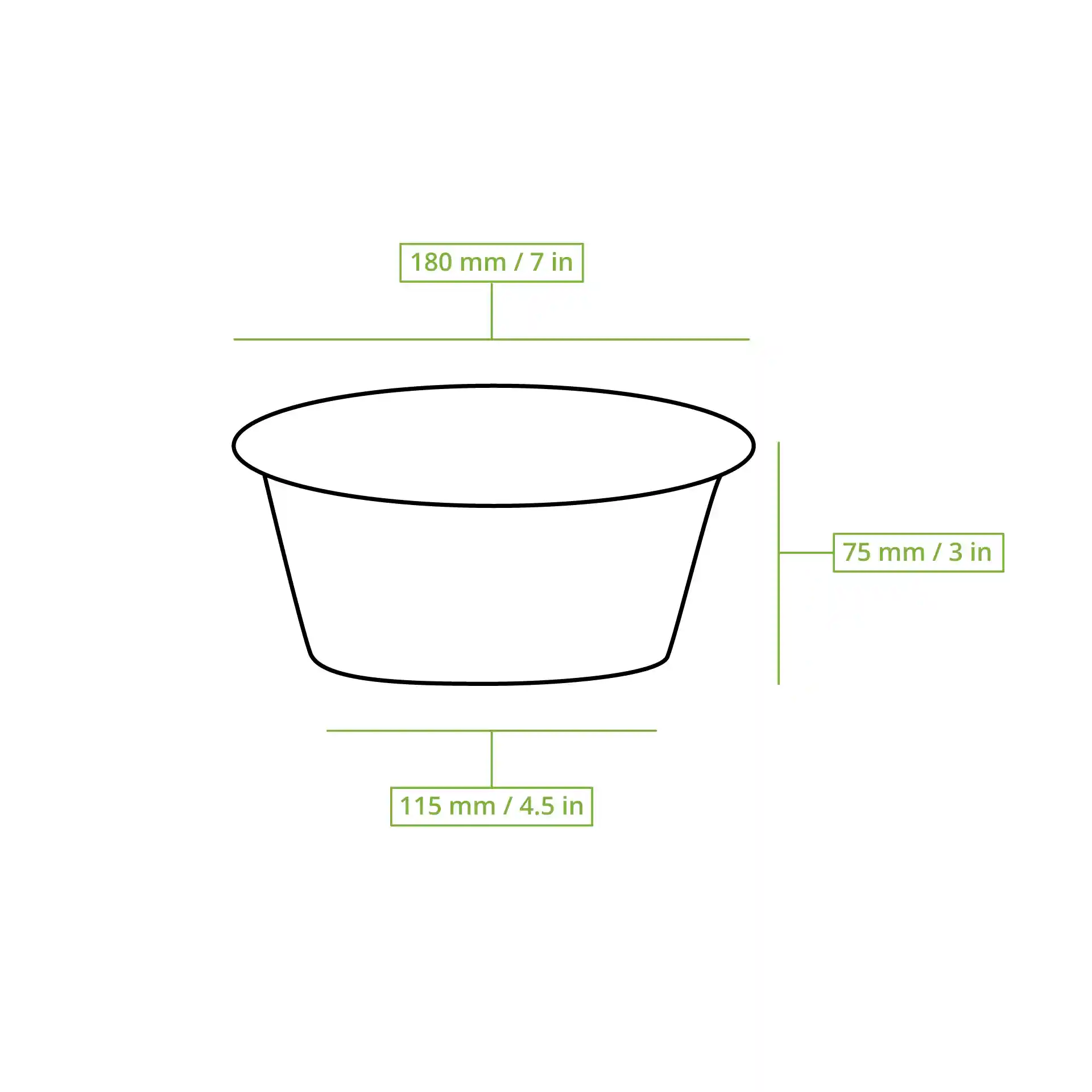 Schematic drawing of a black reusable container with dimensions: 180 mm top diameter, 115 mm bottom diameter, 75 mm height.