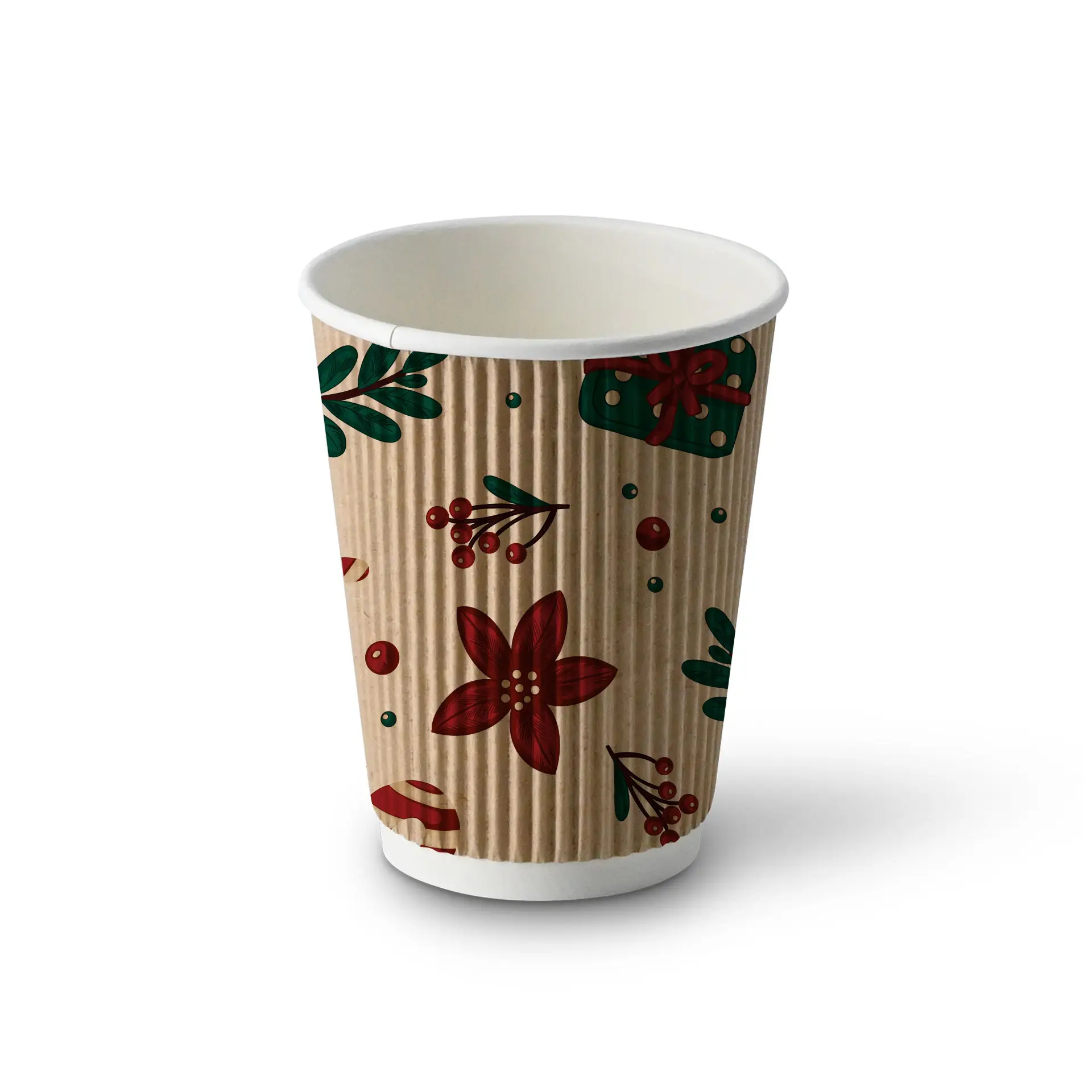 Brauner Rippbecher mit Winterdesign, Blumen und Blätter, 300 ml Fassungsvermögen, 90 mm Durchmesser.