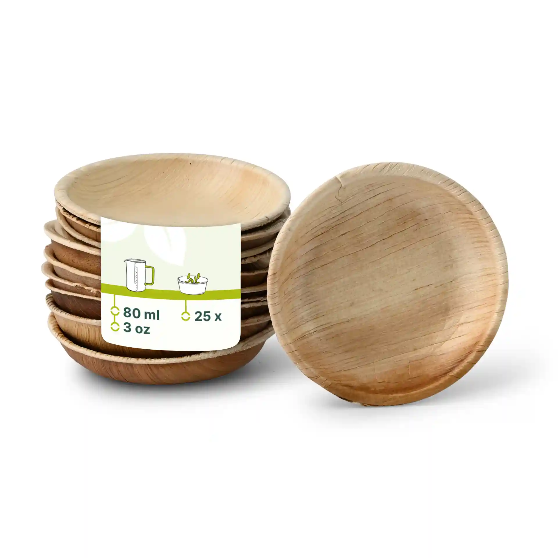Stack of round palm leaf bowls with a label showing volume and quantity, featuring a natural grain finish.