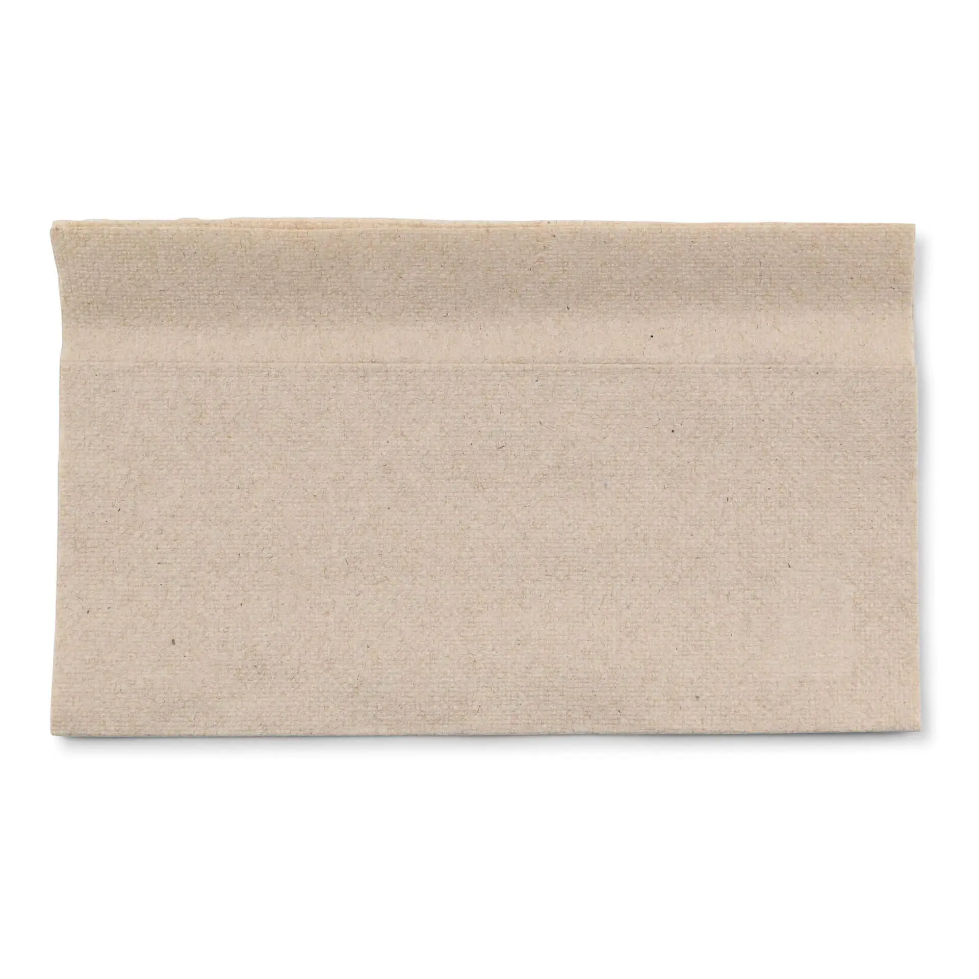Ungebleichte rechteckige Papierserviette mit sichtbarem Recycling-Symbol und Text in der unteren rechten Ecke.