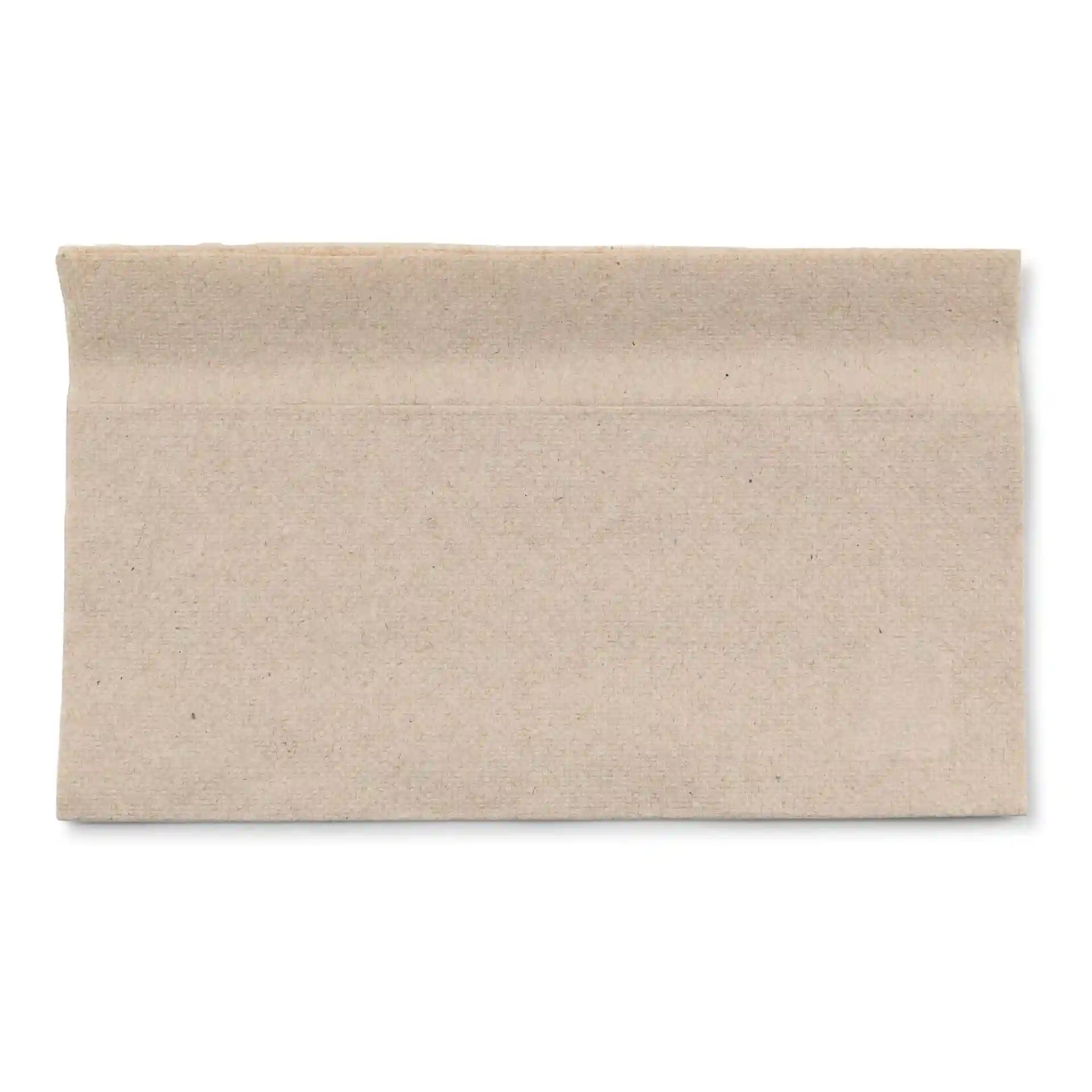 Unbleached rectangular paper napkin with a visible recycling symbol and text on the bottom right corner.