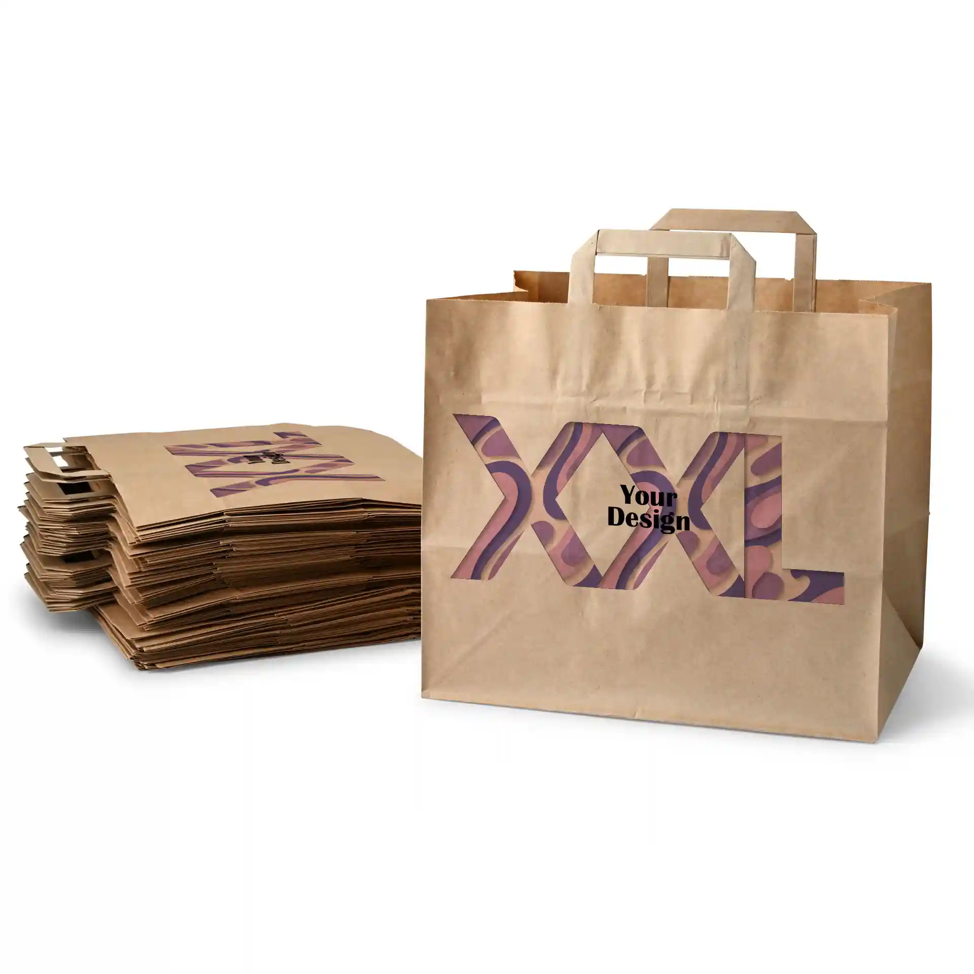 Brown paper carrier bag with handles, featuring a design with "XXL" and "Your Design," next to a stack of similar bags.