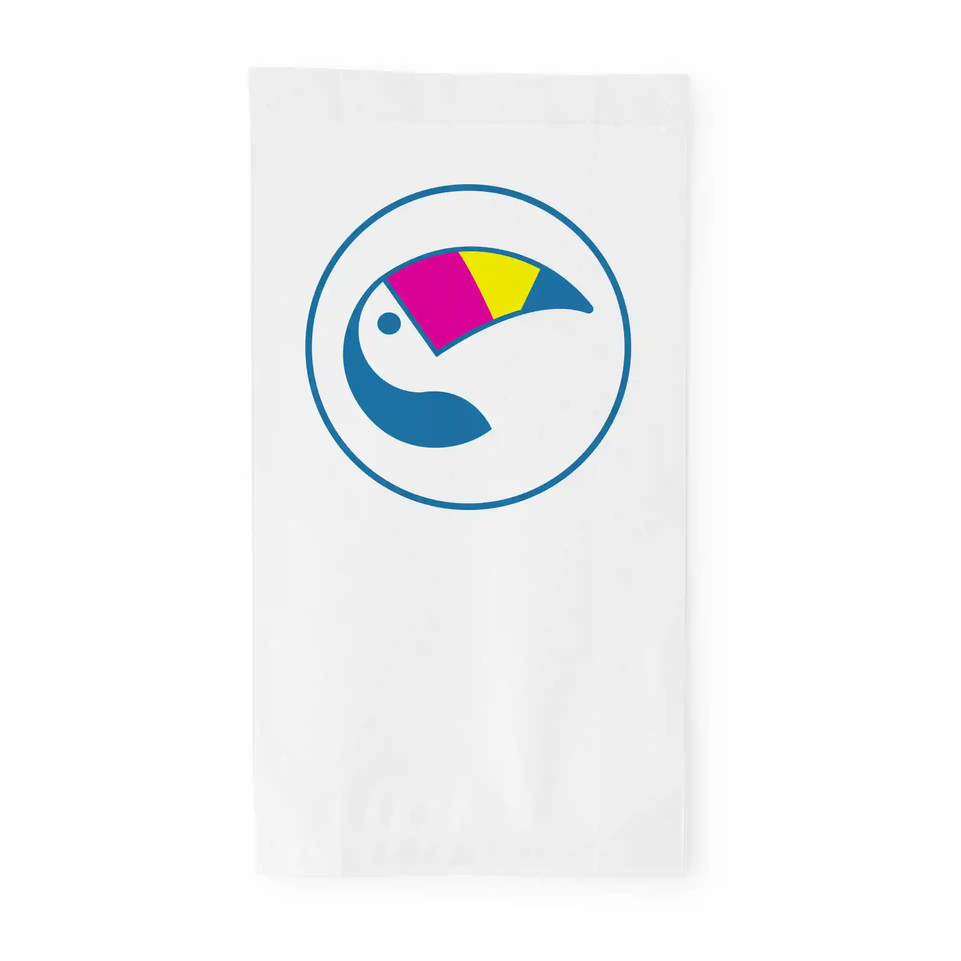White cardboard bag featuring a colorful toucan logo within a circular outline.