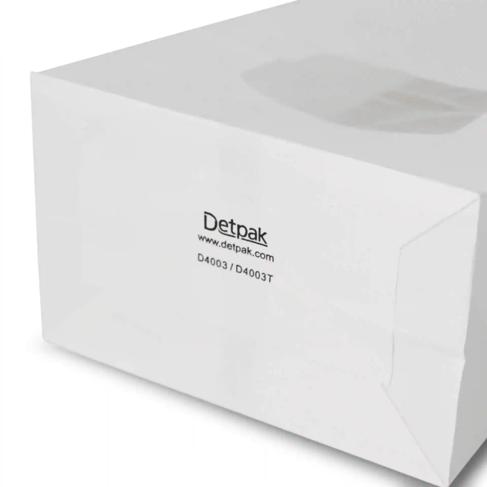 White block bottom bag with a viewing window, featuring a tin tie closure and printed branding on the side.