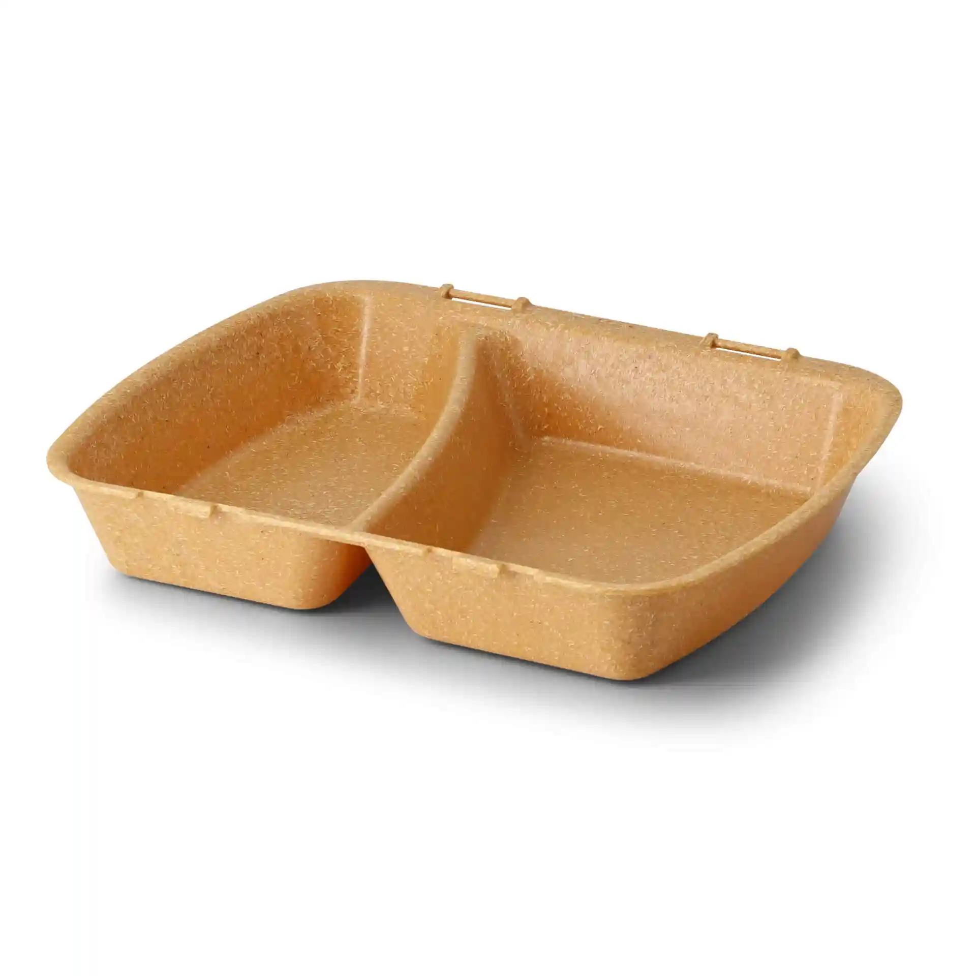 Brown reusable meal container with two compartments, measuring 24.5 x 20 x 4.5 cm, made from bio compound material.