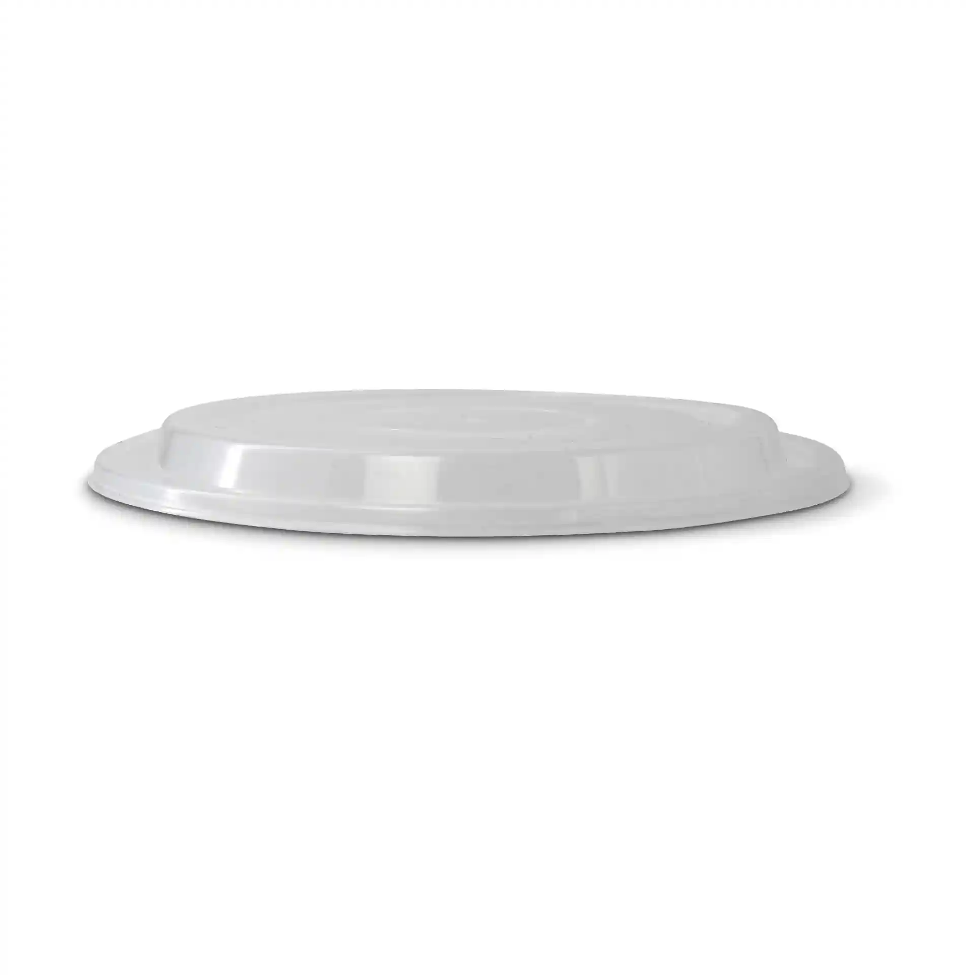 Transparenter runder wiederverwendbarer Deckel aus Polypropylen, 16 mm hoch und 183 mm im Durchmesser.