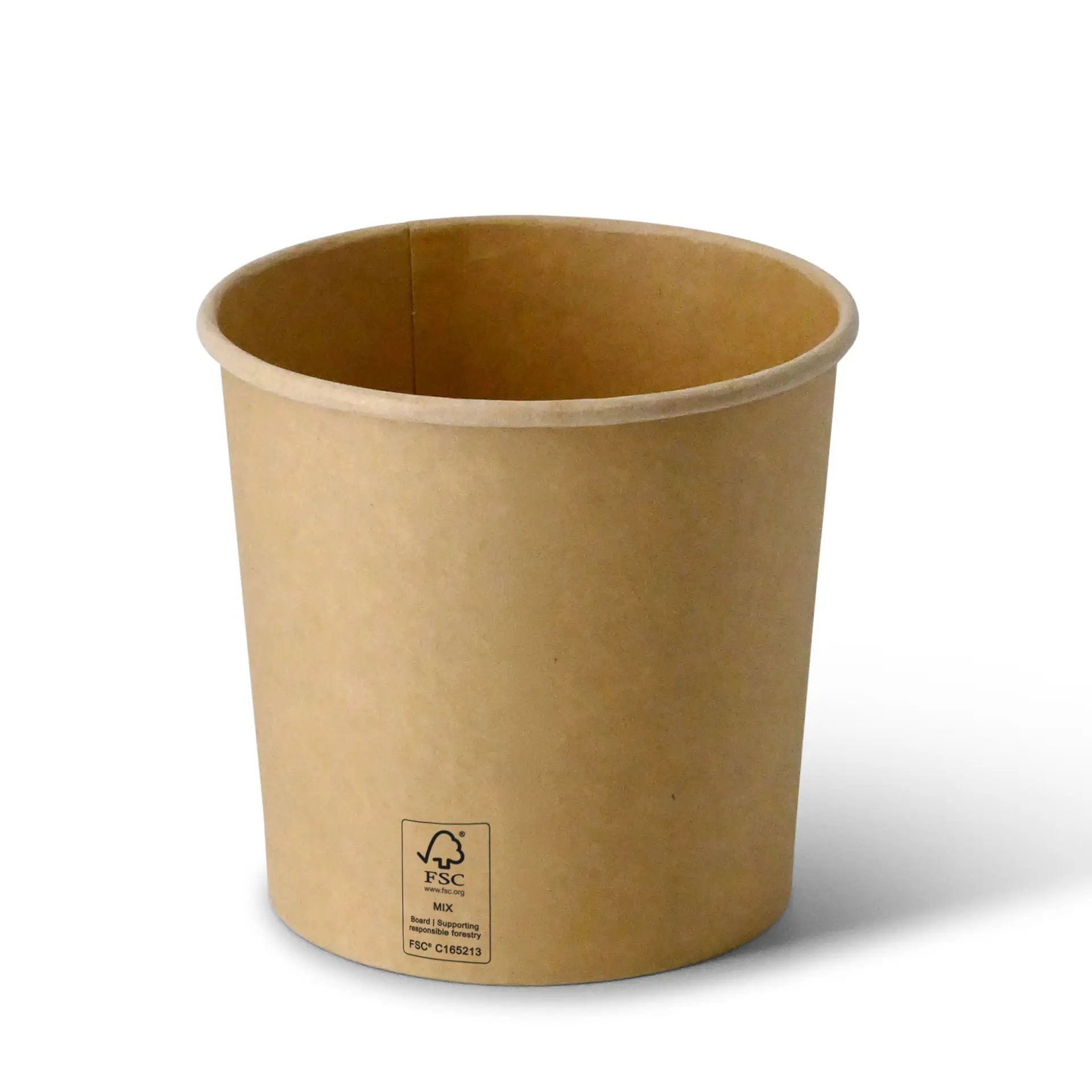Brown cardboard soup cup with a PE-coating; suitable for hot and cold dishes, width 115 mm, 24 oz capacity.