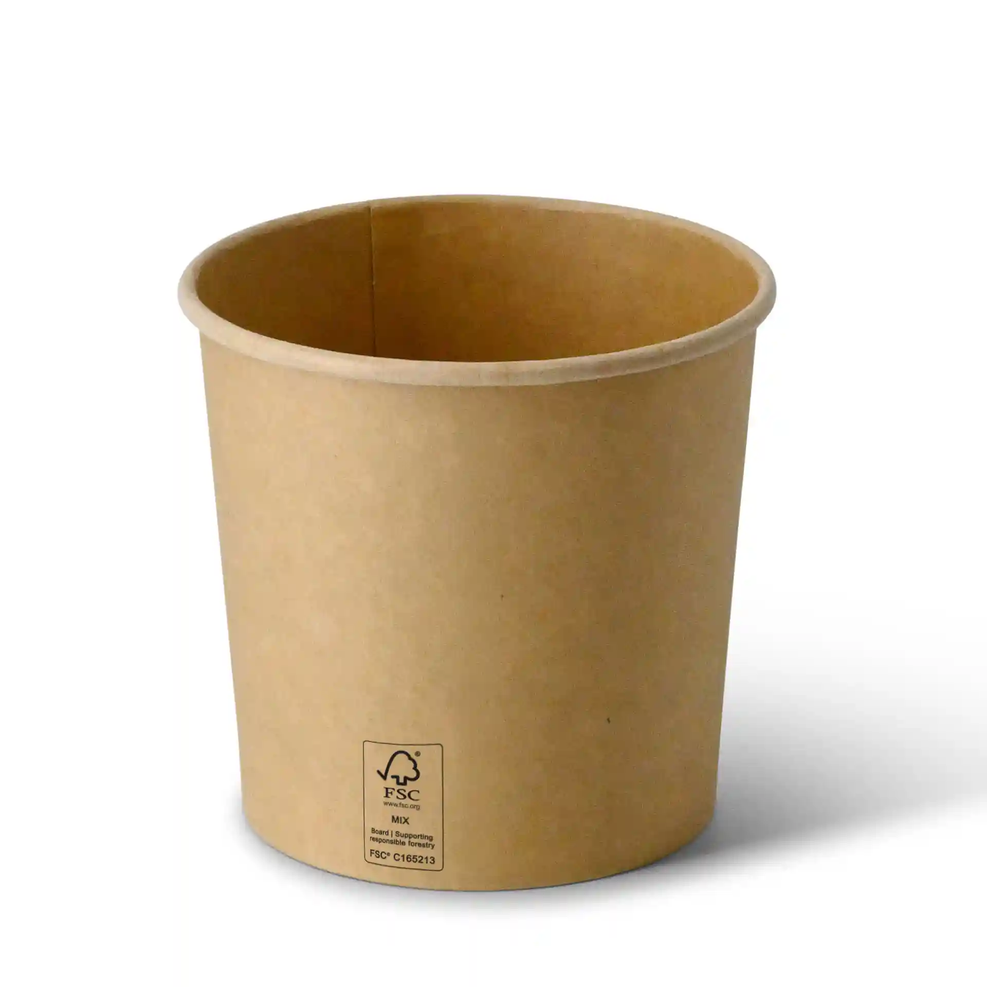 Brauner Pappbehälter für Takeaway-Suppe, runde Form, 24 oz Kapazität, mit sichtbarem FSC-Zertifizierungssymbol.