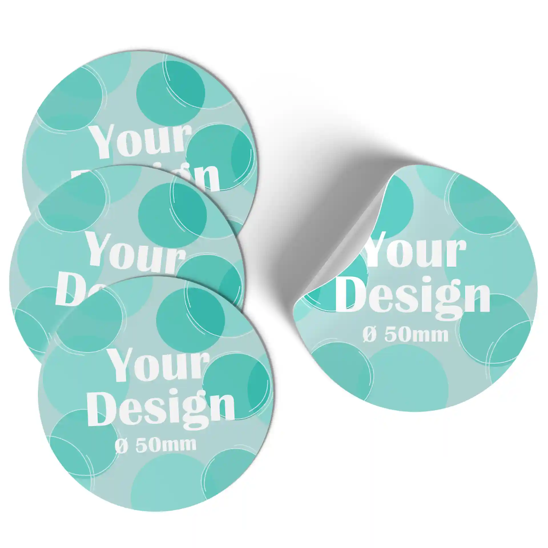 Vier runde Etiketten mit einem türkisfarbenen Design und weißem Text, jeweils 50 mm im Durchmesser.