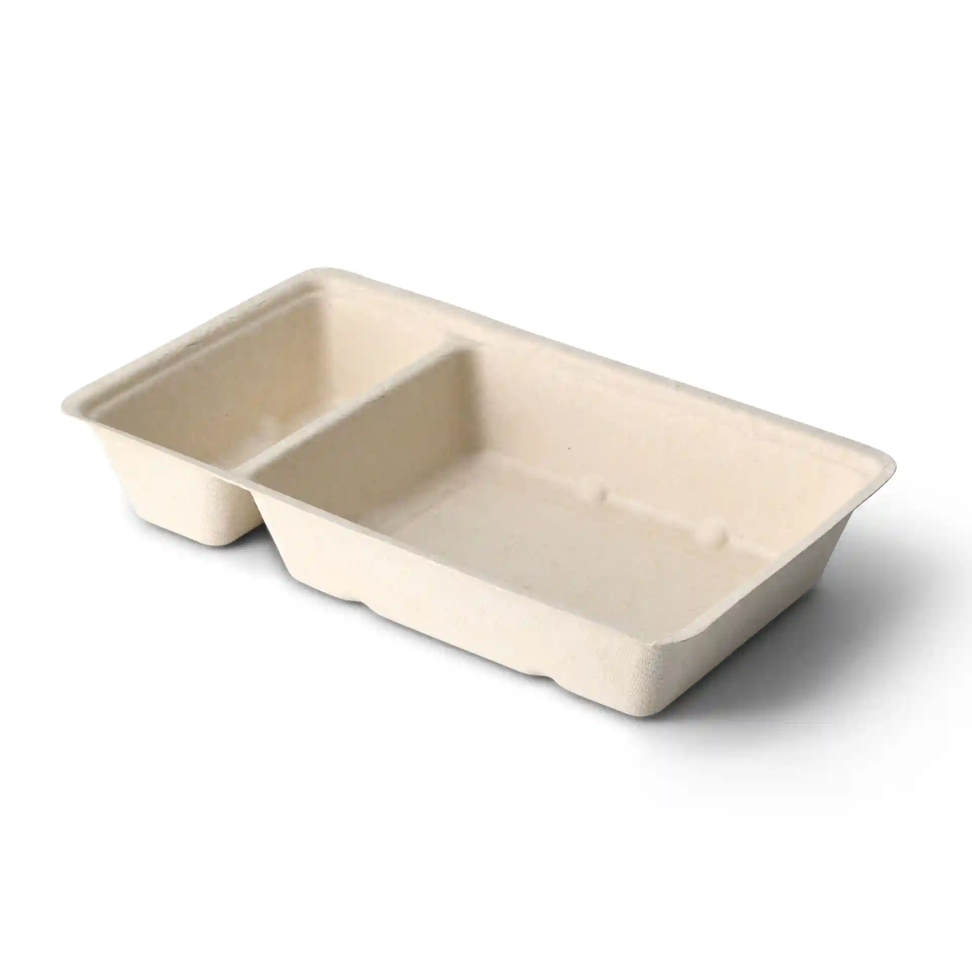 Cremeweiße rechteckige Bagasse-Chip-Schale mit zwei Fächern, 12 x 20 x 3,5 cm groß.