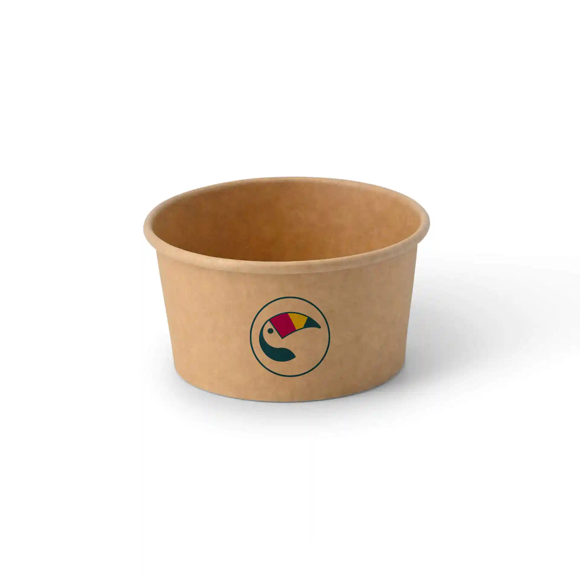Brown cardboard ice cream cup with a round shape and a toucan logo, 150 ml capacity.
