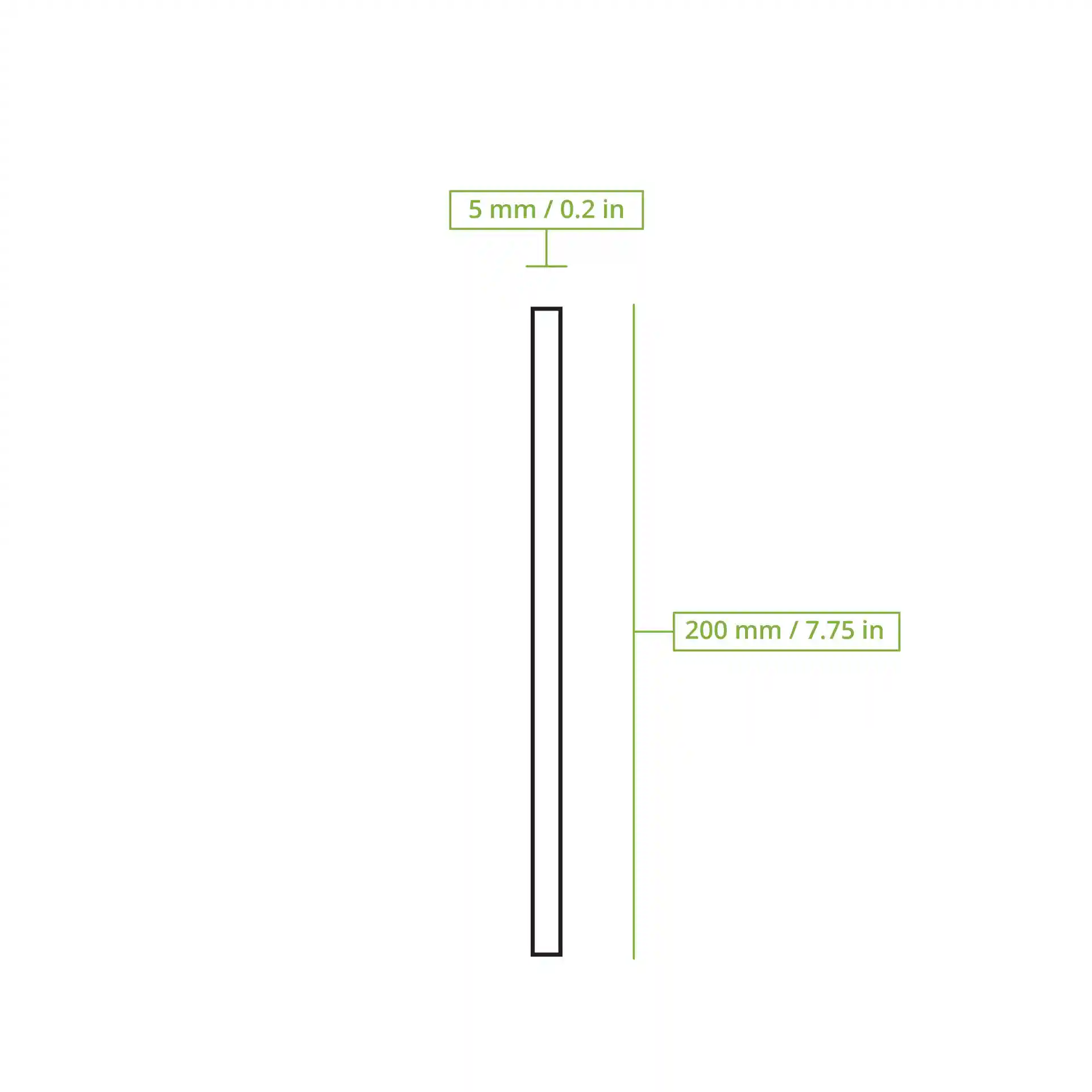 Schematische Zeichnung eines schwarzen Papierstrohhalms mit 200 mm Länge und 5 mm Durchmesser.