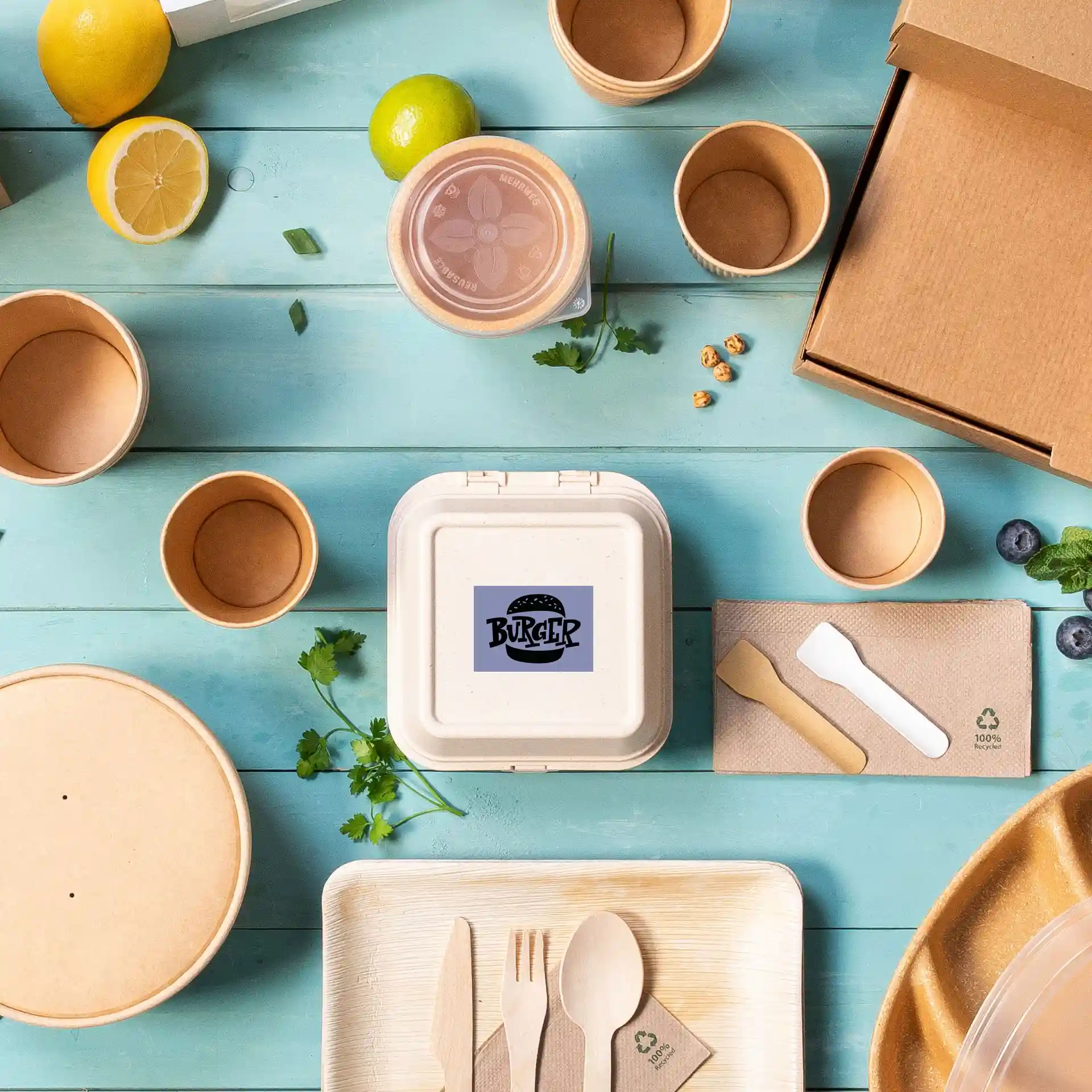 Container with printed label, surrounded by various paper cups, utensils, and fresh ingredients on a blue wooden surface.