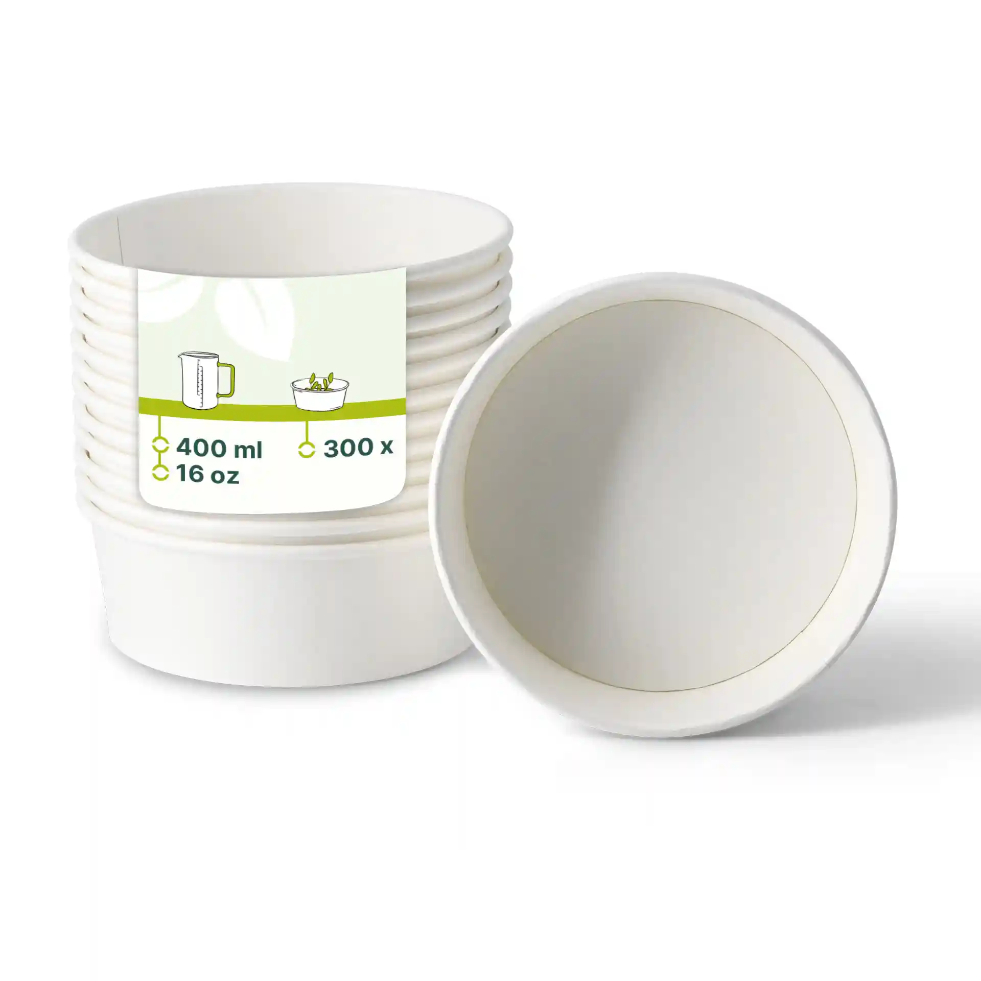 Stack of white paper bowls with a label showing capacity of 400 ml and 300 count, displayed on a plain background.