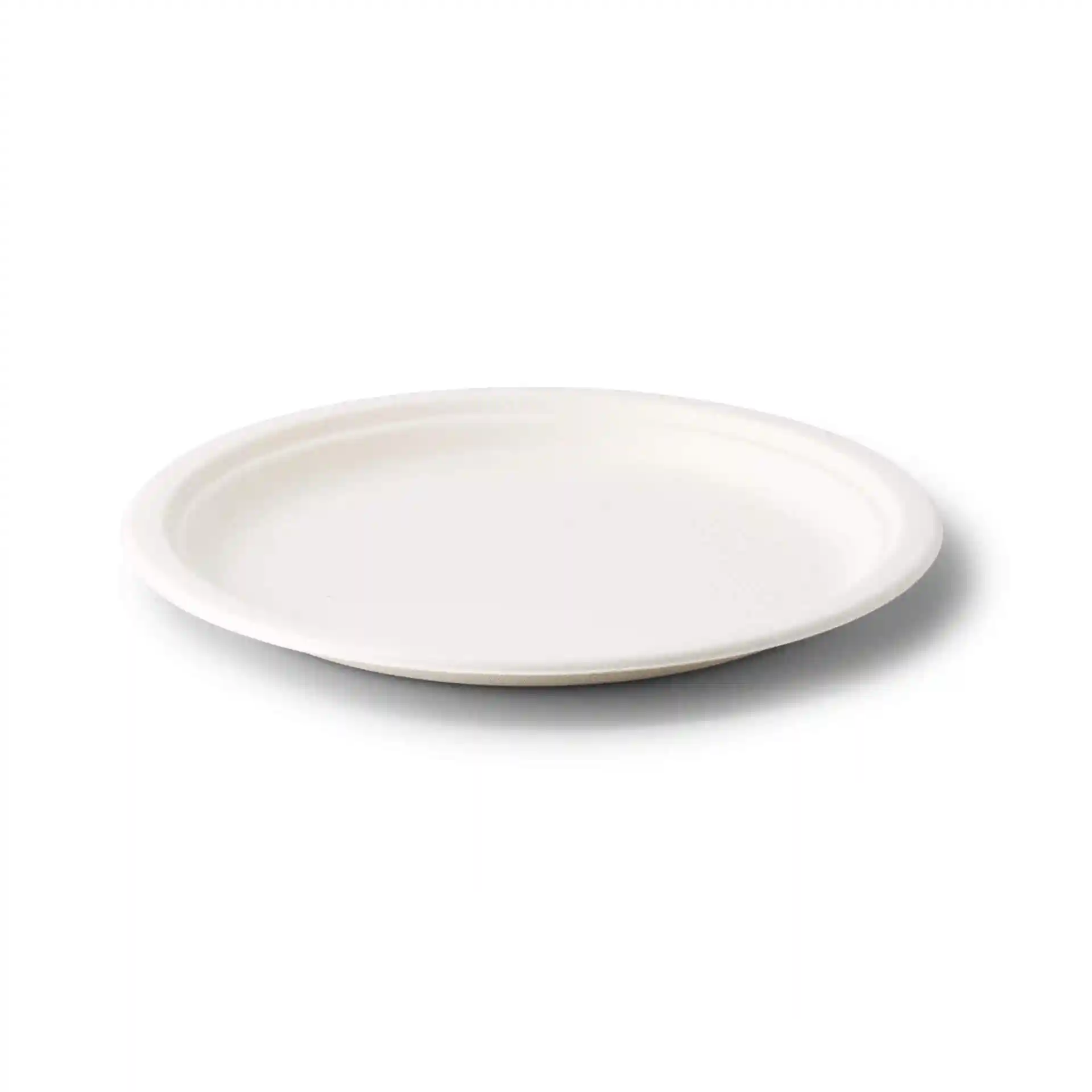 Round white sugarcane plate with a diameter of 26 cm and a height of 22 mm, featuring a shallow design.