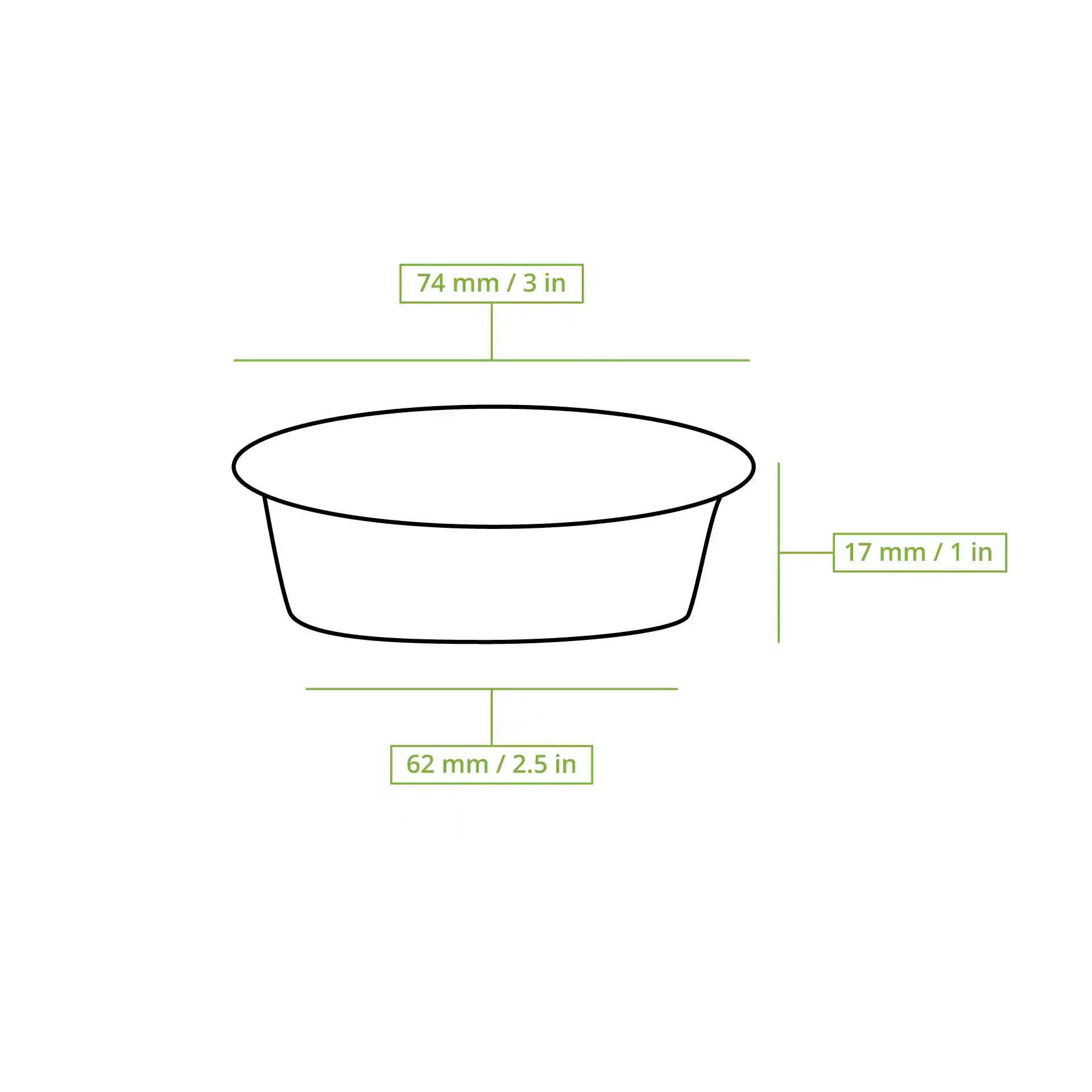 Schematic drawing of a round sauce pot with dimensions: 74 mm top diameter, 62 mm bottom diameter, and 17 mm height.