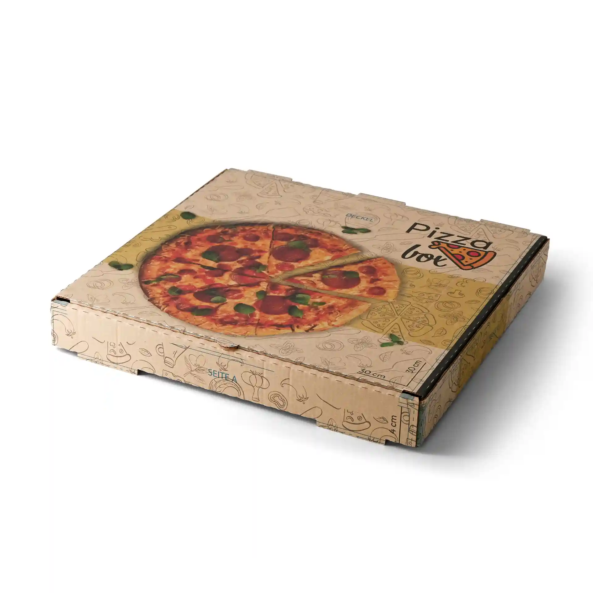 Braune Pizzaschachtel mit einer Pizzagrafik oben, 30 x 30 x 4 cm, mit verschiedenen Lebensmittelillustrationen.