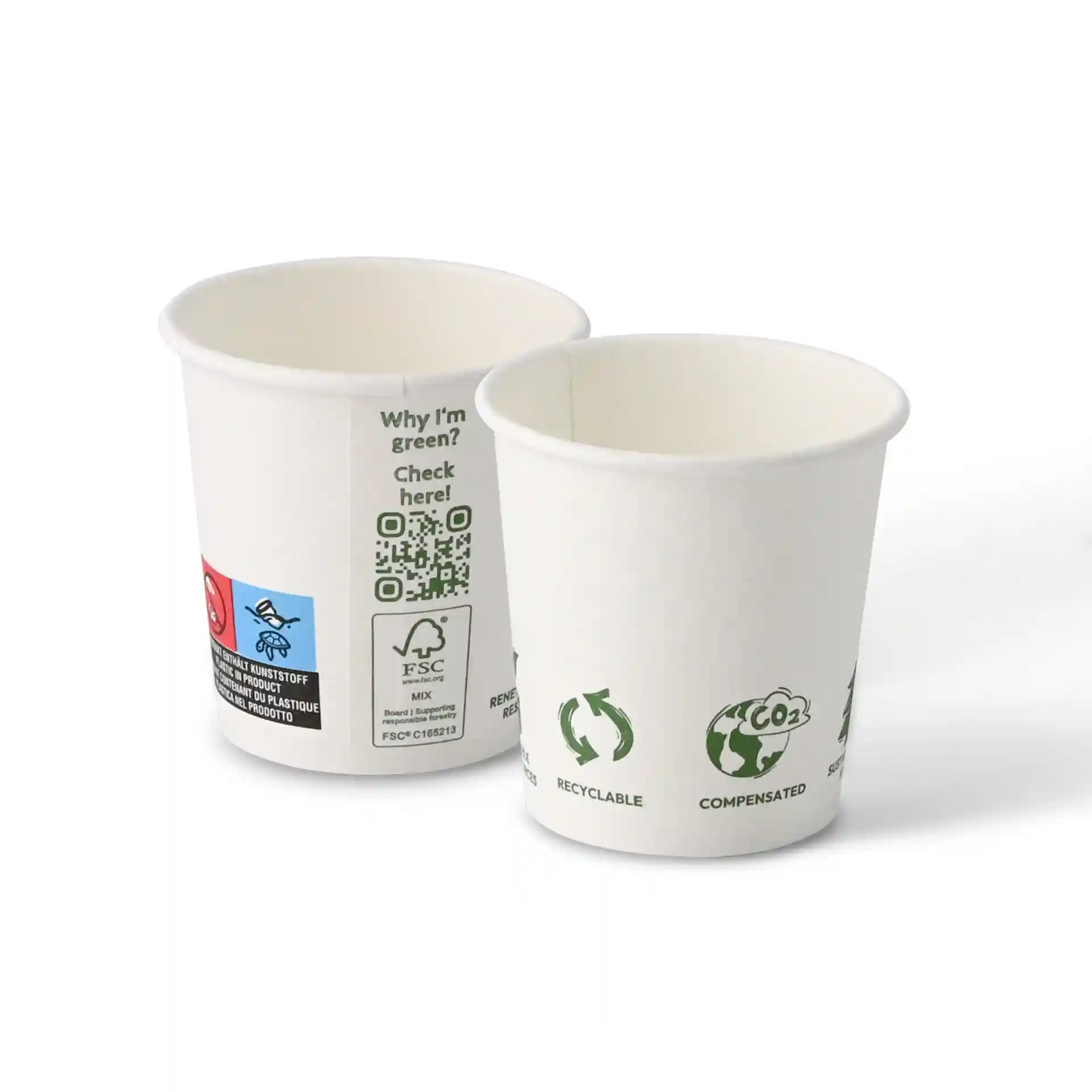 Weißer Becher mit einem Durchmesser von 62 mm, mit verschiedenen umweltbezogenen Symbolen auf der Außenseite.