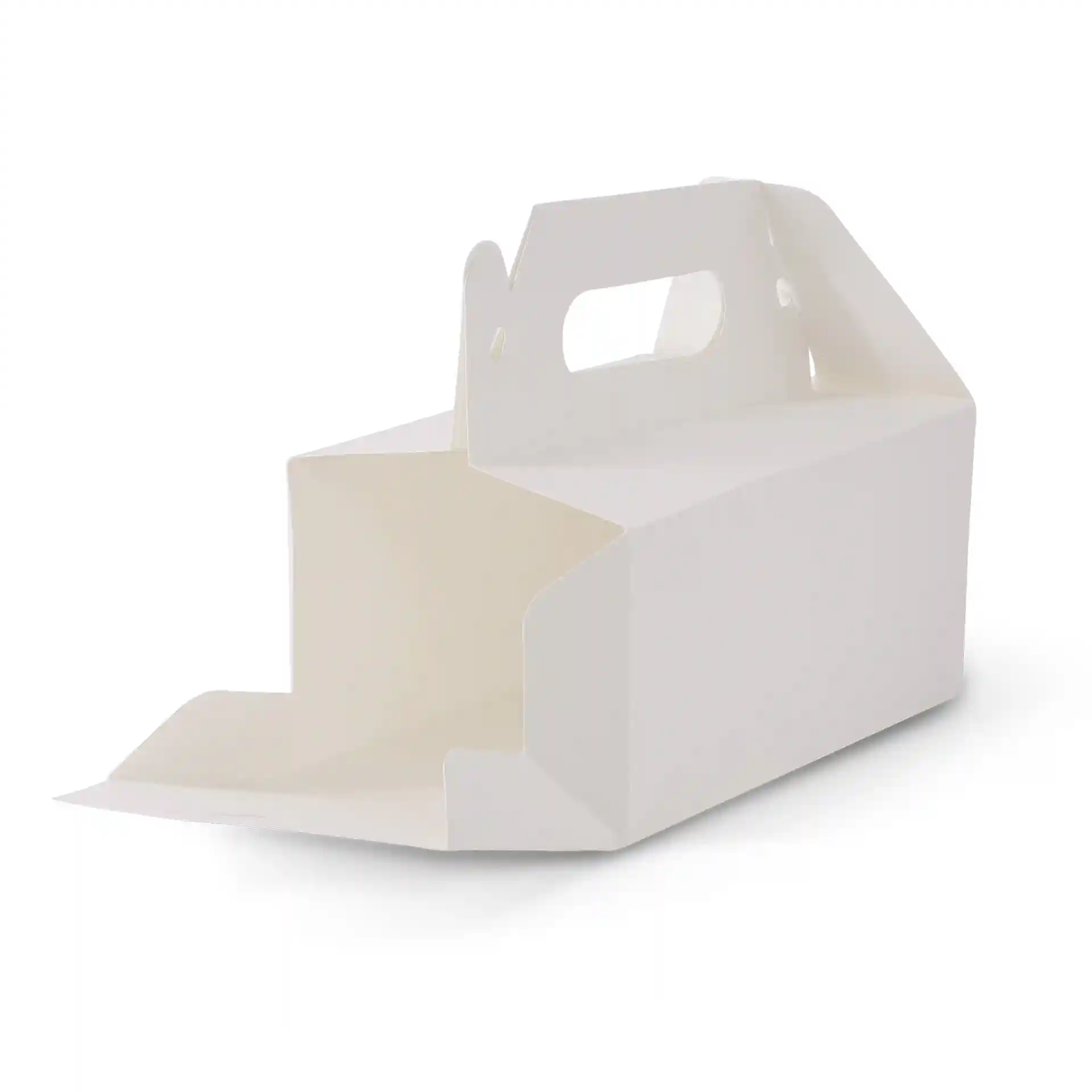 White rectangular cardboard pastry box with a handle, foldable, dimensions 18 x 11 x 9 cm.