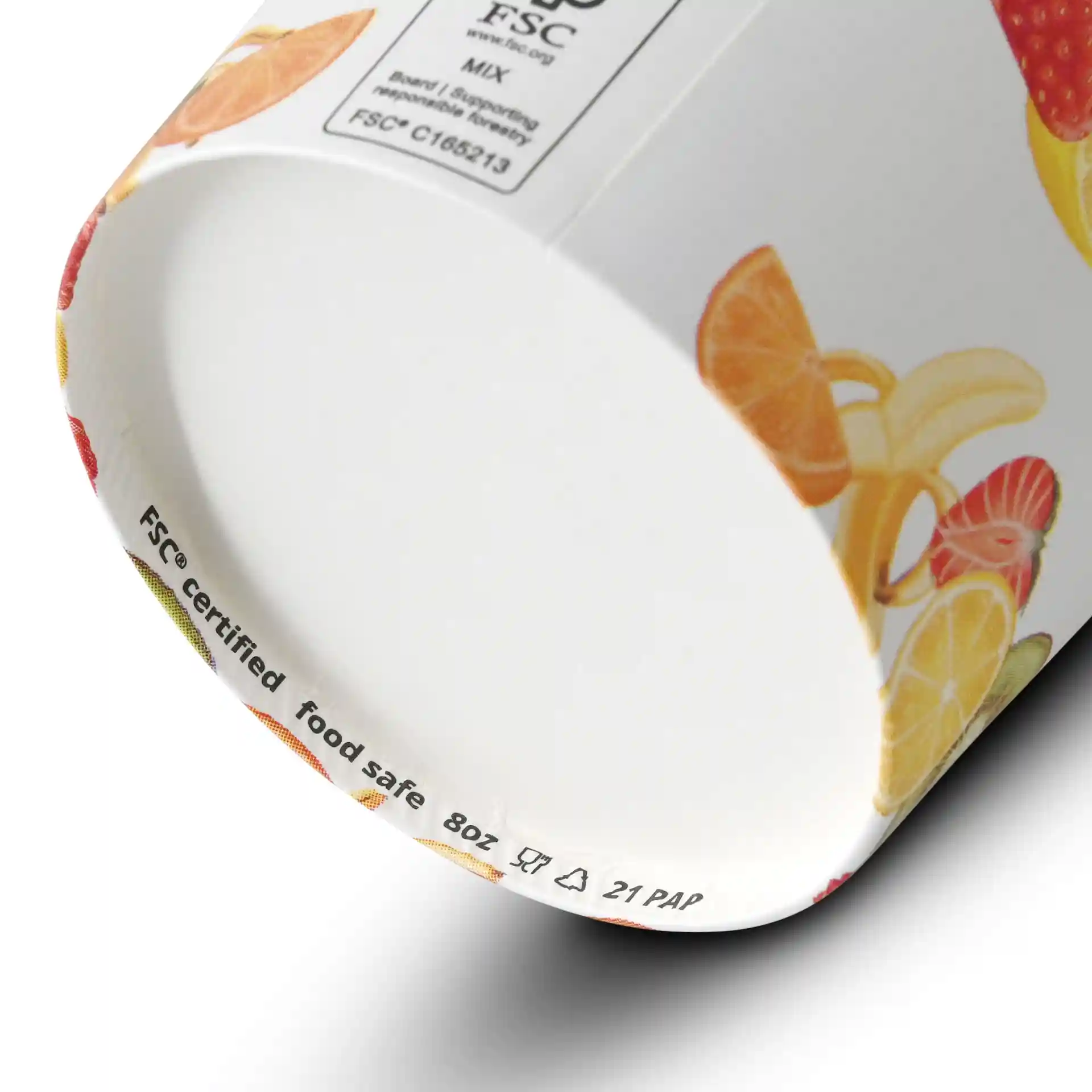 Bedruckter Pappbecher mit Fruchtmotiv, 8 oz Kapazität, Durchmesser 92 mm, zeigt Innen- und Bodendetails.