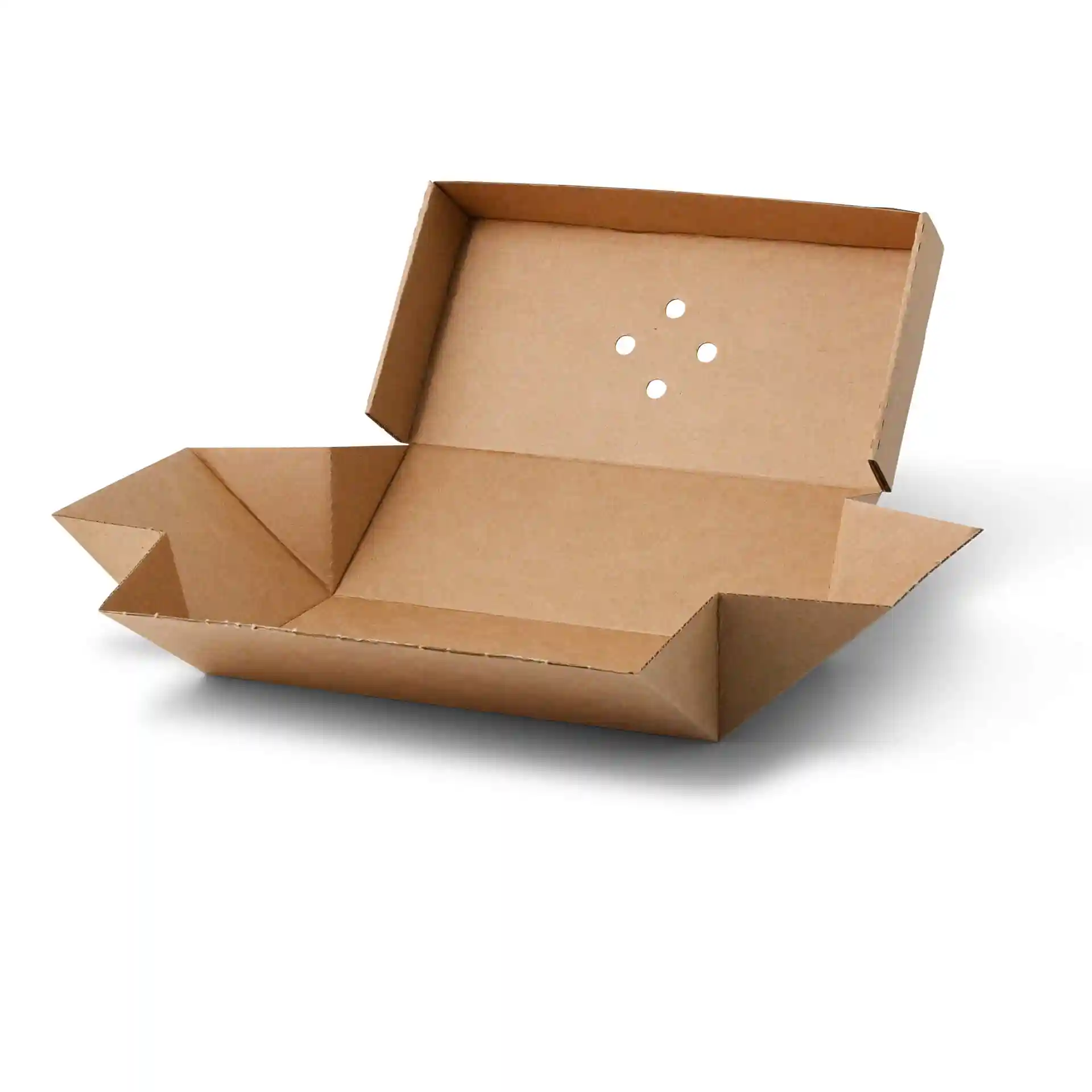 Brown cardboard takeaway double burger box, rectangular shape, with five holes on the lid, dimensions 24.4 x 12.2 x 10.2 cm.
