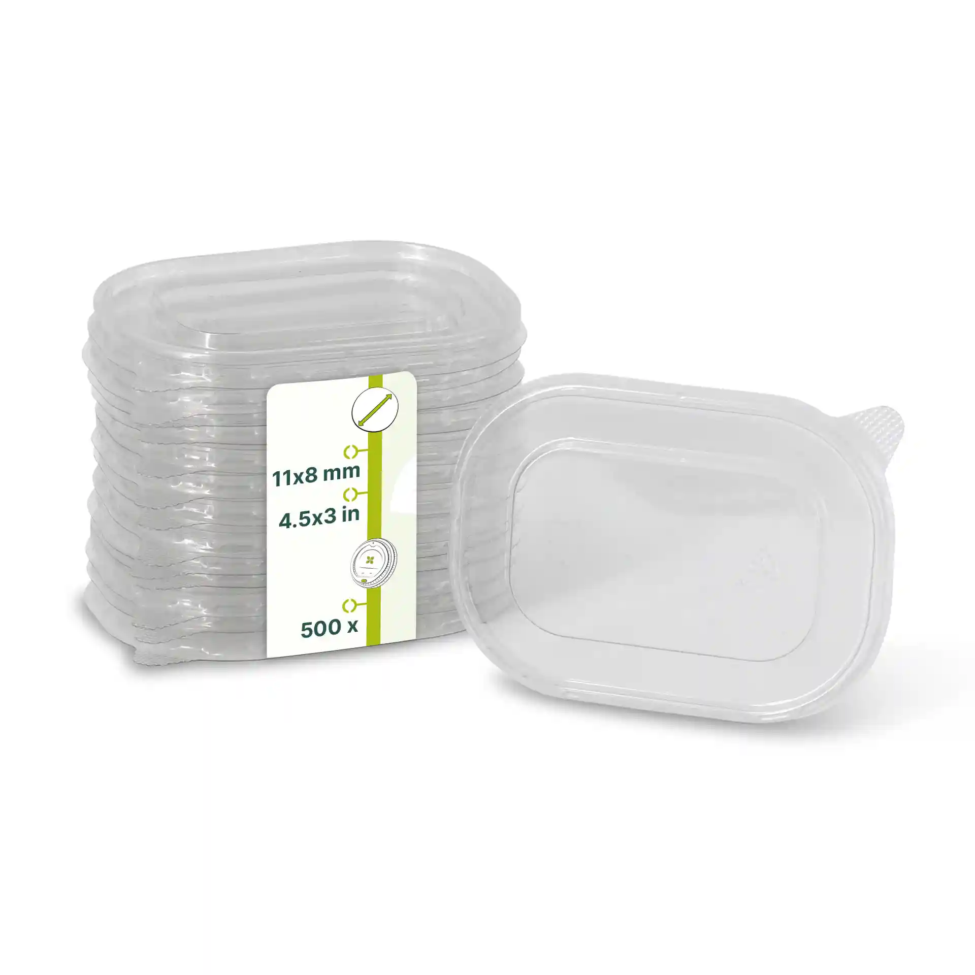 Transparent rectangular rPET lids stacked, with a label showing dimensions 11 x 8 cm and quantity of 500.