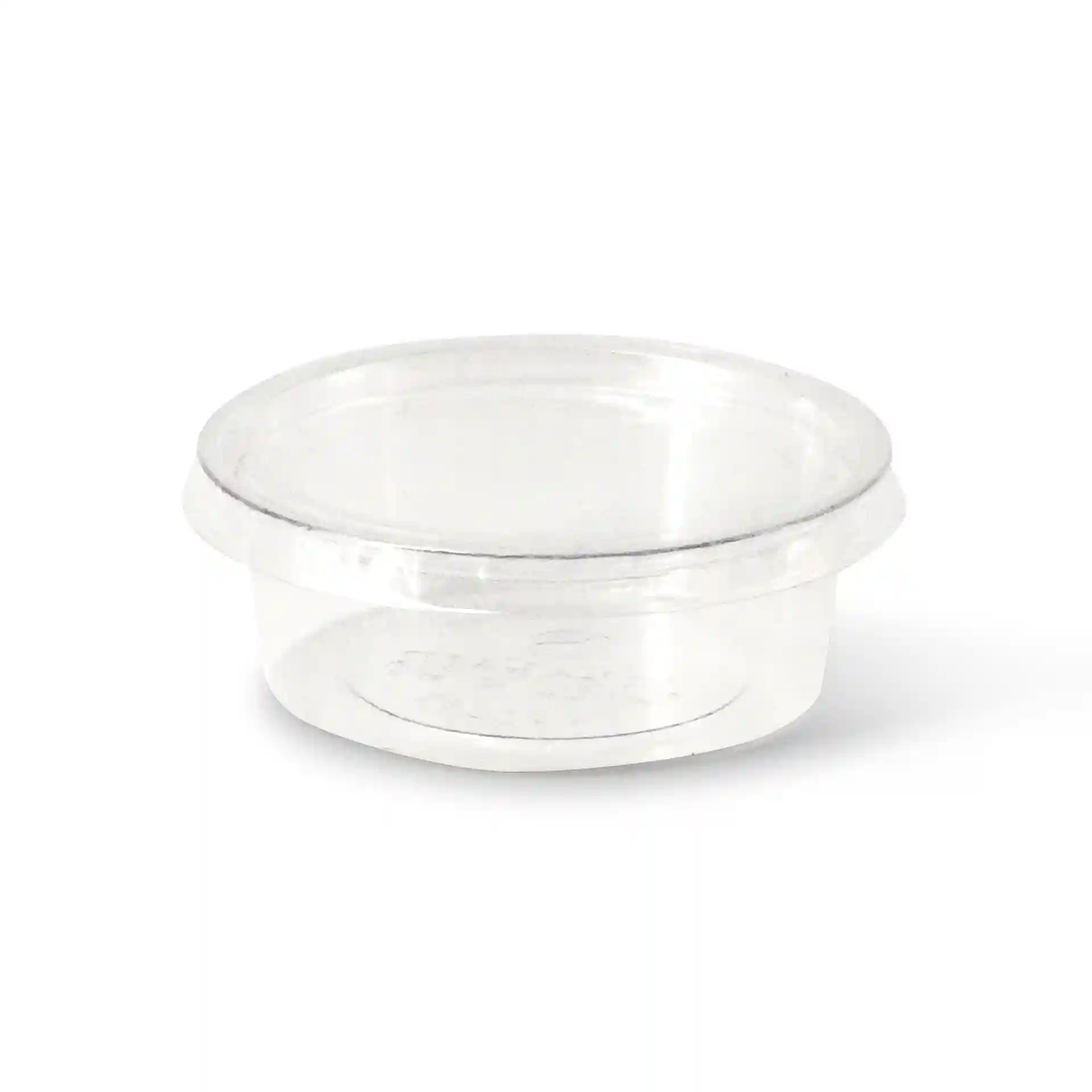 Klare PLA-Becher mit einem Durchmesser von 70 mm und einer Höhe von 25 mm, Fassungsvermögen 60 ml.