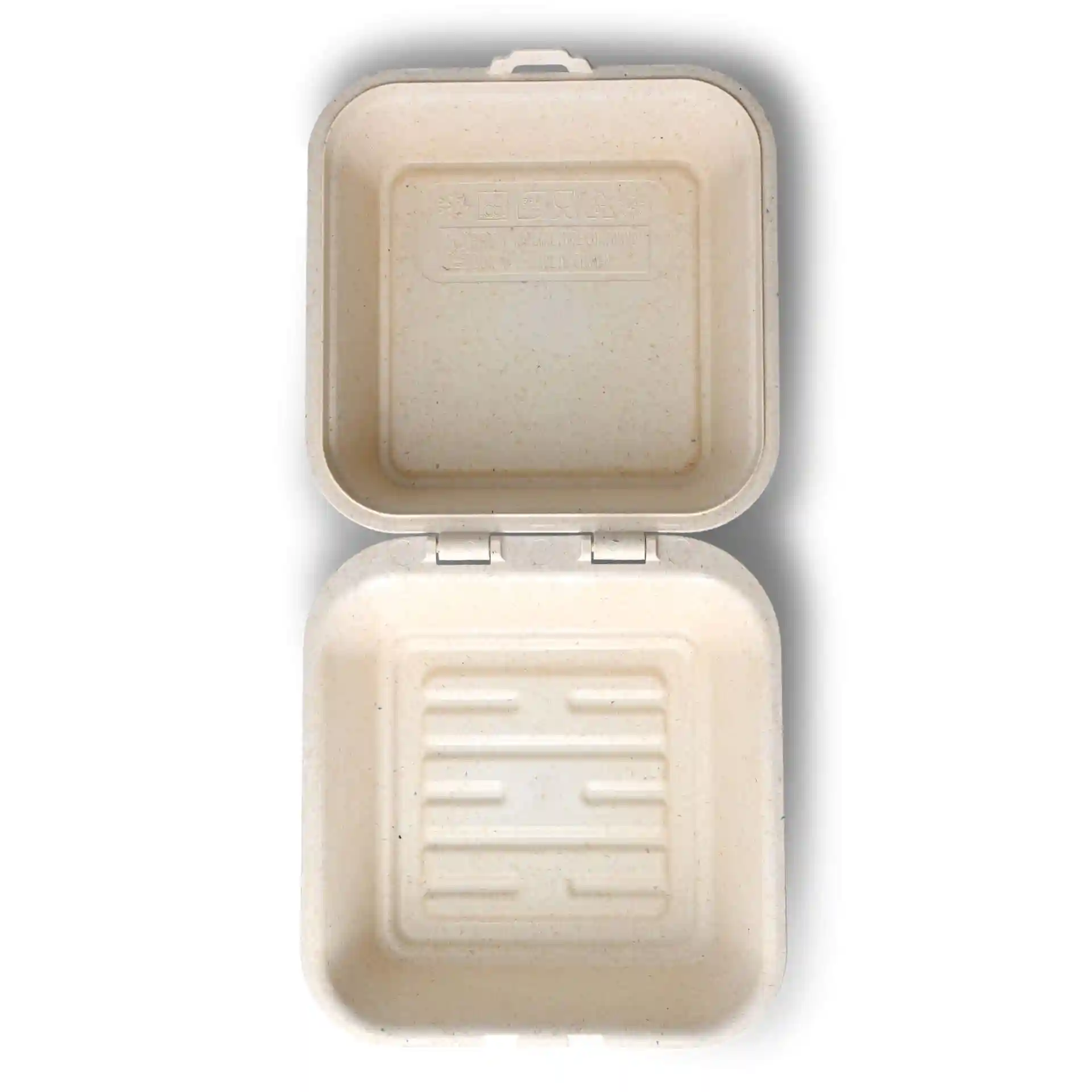 Cremig weiße wiederverwendbare Burgerbox mit Scharnierdeckel und Innenrippen, 16 x 15 x 8,5 cm groß.