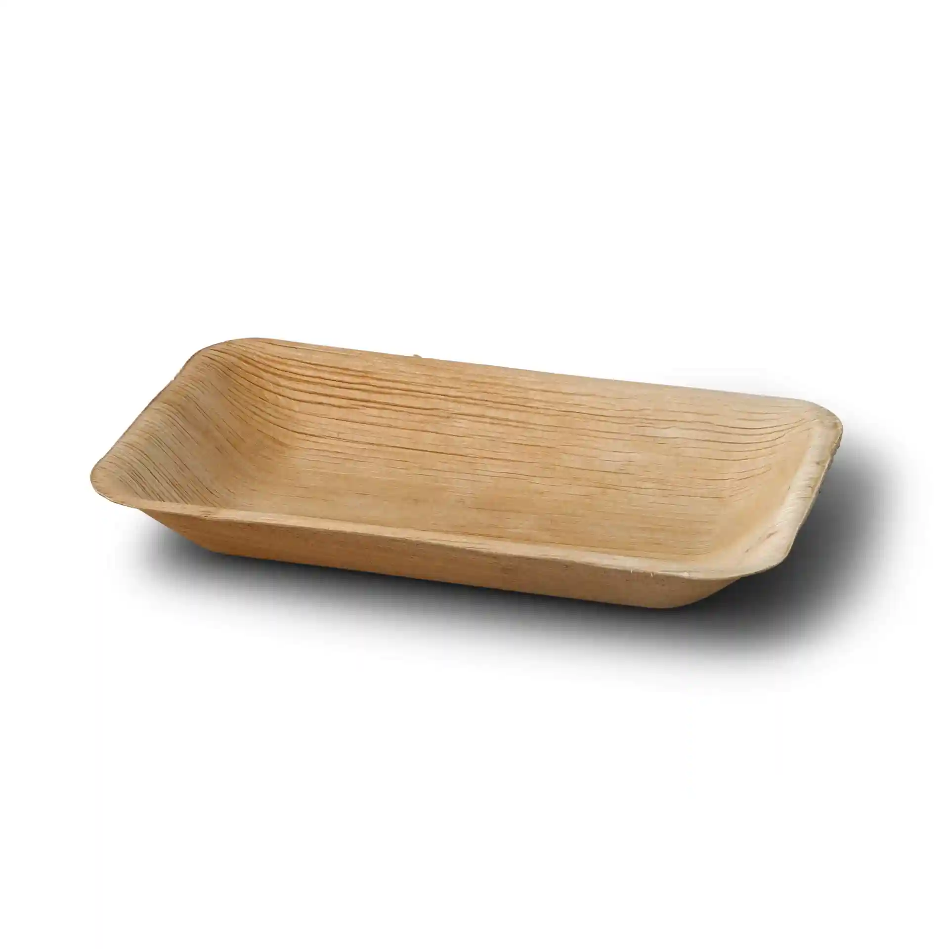Rechteckiger Palmblatt-Teller mit einer Struktur, 25 x 15 cm und 3,4 cm tief.