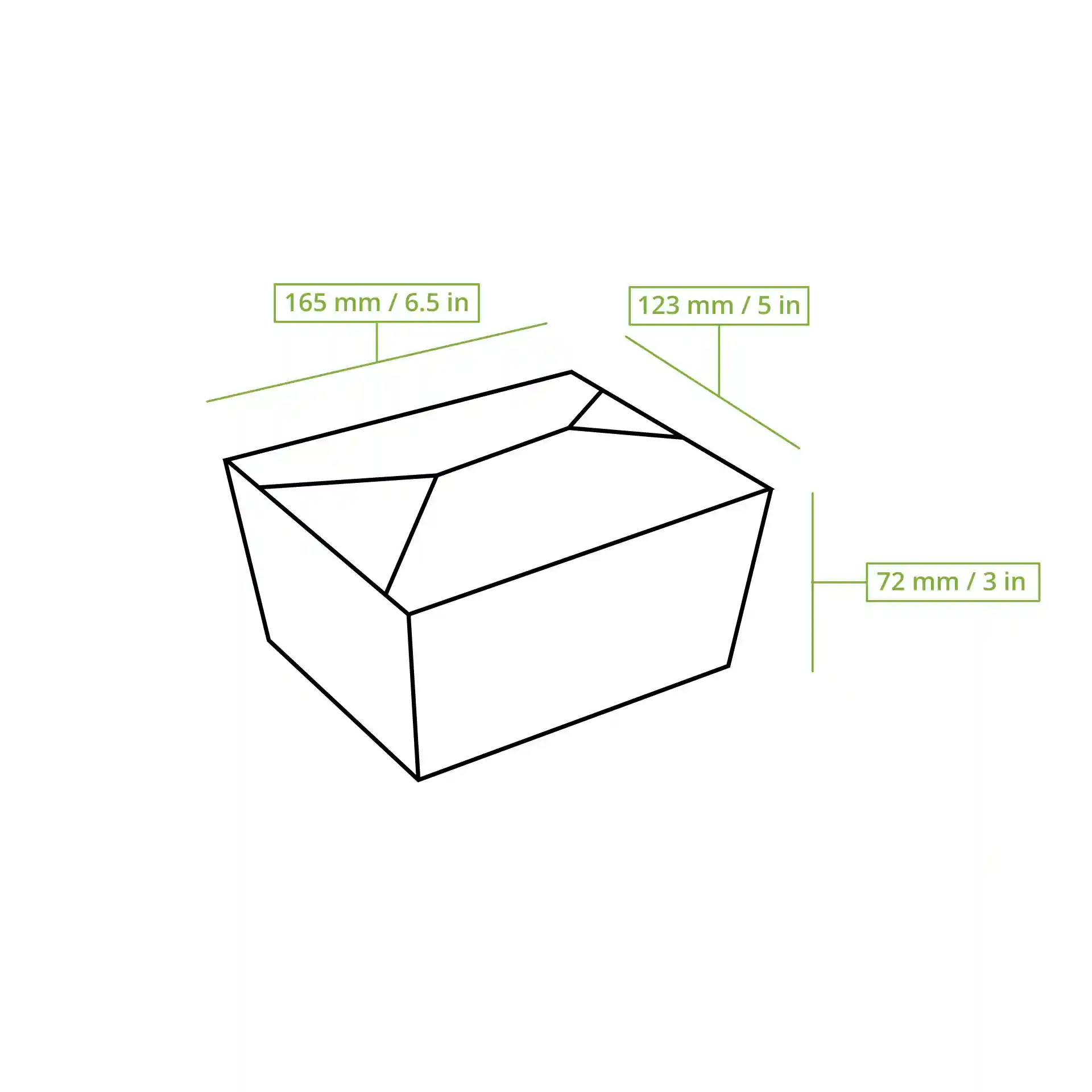 Schematic drawing of a takeaway container with dimensions: 165 mm length, 123 mm width, and 72 mm height.