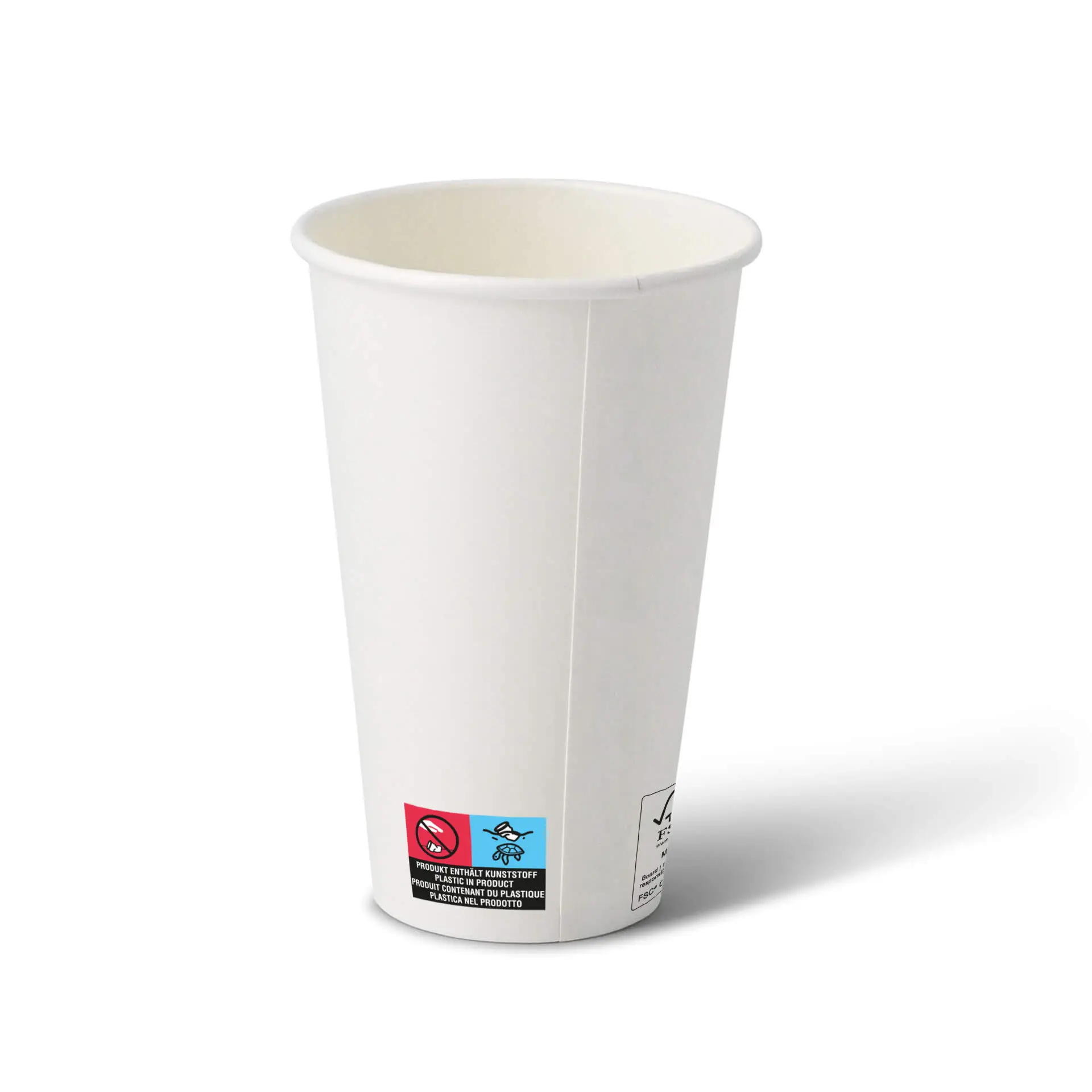 One white 16 oz paper cup with a smooth surface and a PE-coating; features labels with symbols and markings on the side.