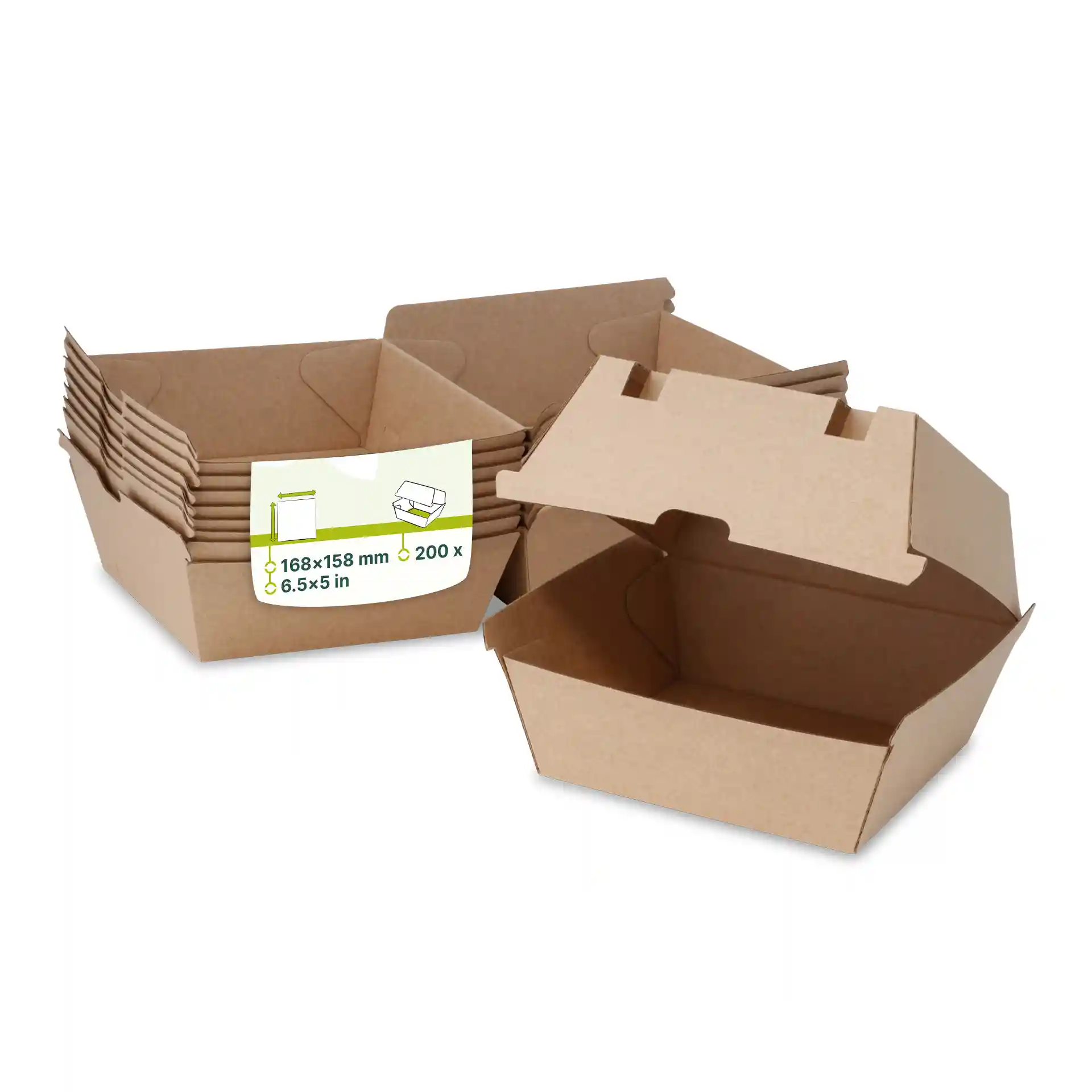 Braune Pappburgerboxen gestapelt, eine offen, mit den Maßen 168 x 158 mm und insgesamt 200 Boxen.