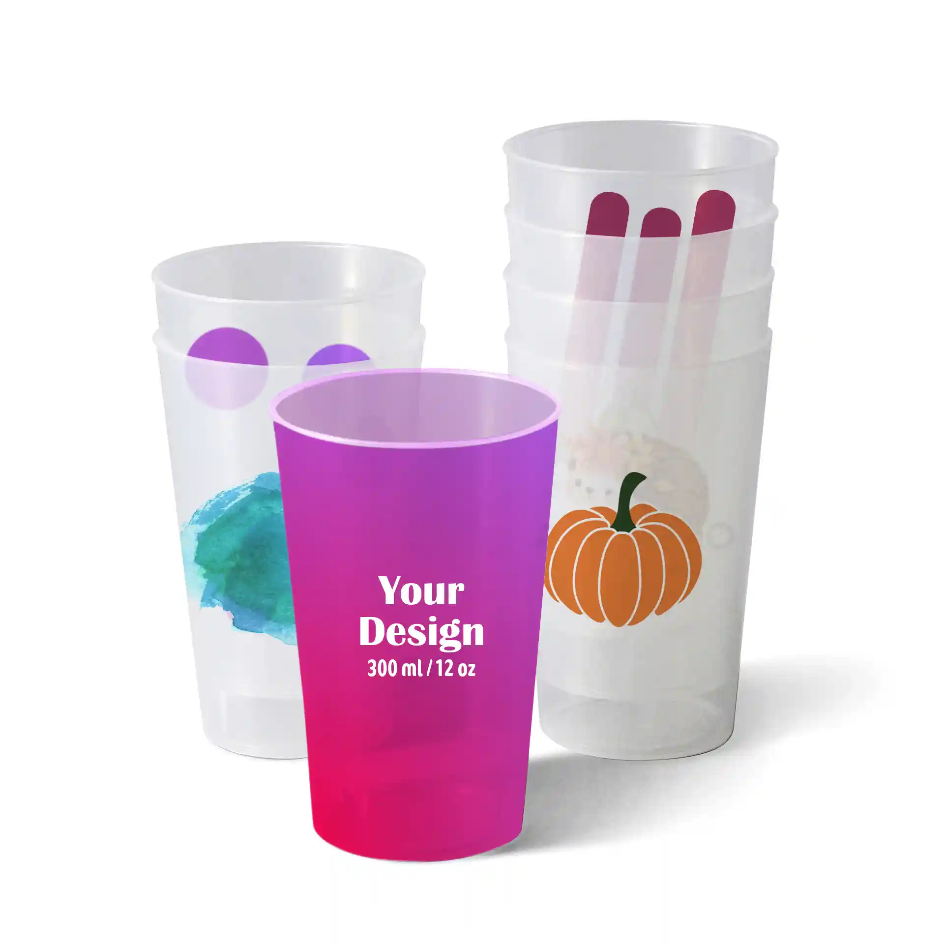 Clear reusable cup with a gradient purple design, featuring a logo area and multiple similar cups behind it.